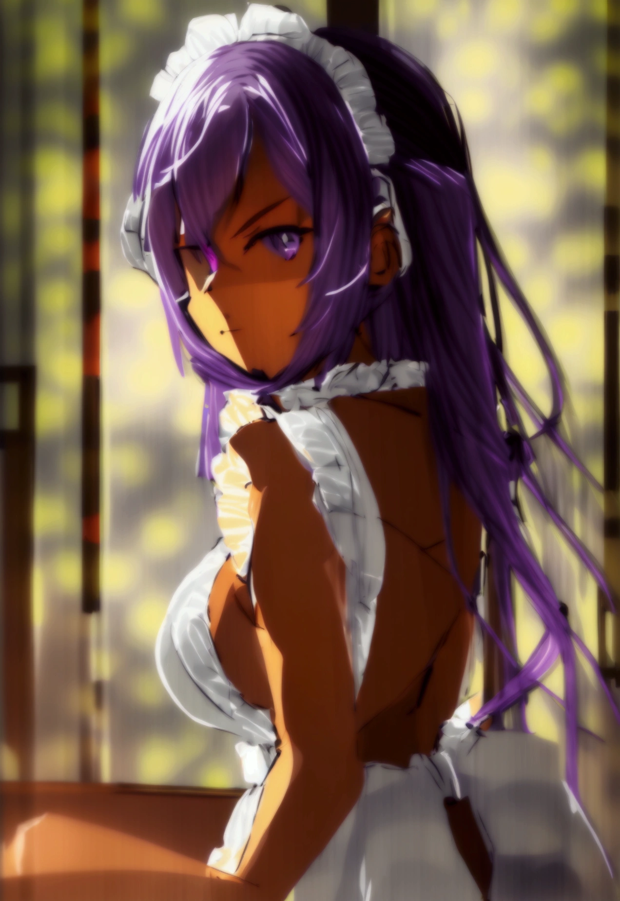 (isade), (1 girl),(Retroto solo),(slender body),(structured body),(thin body), Retro solo),(slender body),(structured body),(thin body),(Dark Skin Color:1.5(Girl1 Loli: 1.5), (small body like a is 120 centimeters), (loli appearance: 1.5), (pretty: 1.5), (super hot: 1.5), (dark skin: 2.0), (long dark purple hair and dark purple eyes), (And super gigantic breasts: 1.5), (Height 1.20), (beautiful young woman), (super beautiful 18 year old teenager), (wearing), +, (\dressed as a maid, and maid clothes and super revealing on the back, I lowered the short skirt a lot, showing my legs, and a little of my panties, and the apron part at the back of the skirt is very low, showing her delicious buttocks, and over the maid uniform it looks like a very short and sensual bra, and she has a big ass and super big breasts, she is super busty and has very big buttocks)/