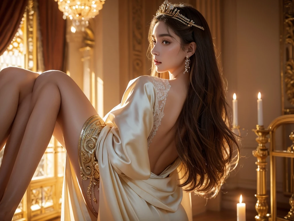 ultra-detailed, high quality, masterpiece, detailed face, beautiful eyes(detailed eyes), Greek mythology, Goddess, Hera , the queen of the gods, striking and captivating, features are classically beautiful, with high cheekbones, a perfectly proportioned face, eyes depicted as large and captivating, hold an intense gaze, golden hair , Gole hair is luxuriant and flowing, cascading down her back in waves , wearing elegant robes adorned with intricate patterns , Her beauty is not merely superficial but embodies the essence of power, authority, and regality, open half breast, good booty, much torn in clothes, view to thigh, many torn in clothes, view to thigh, cluster skin, wet skin, realistic, original, view to thigh
