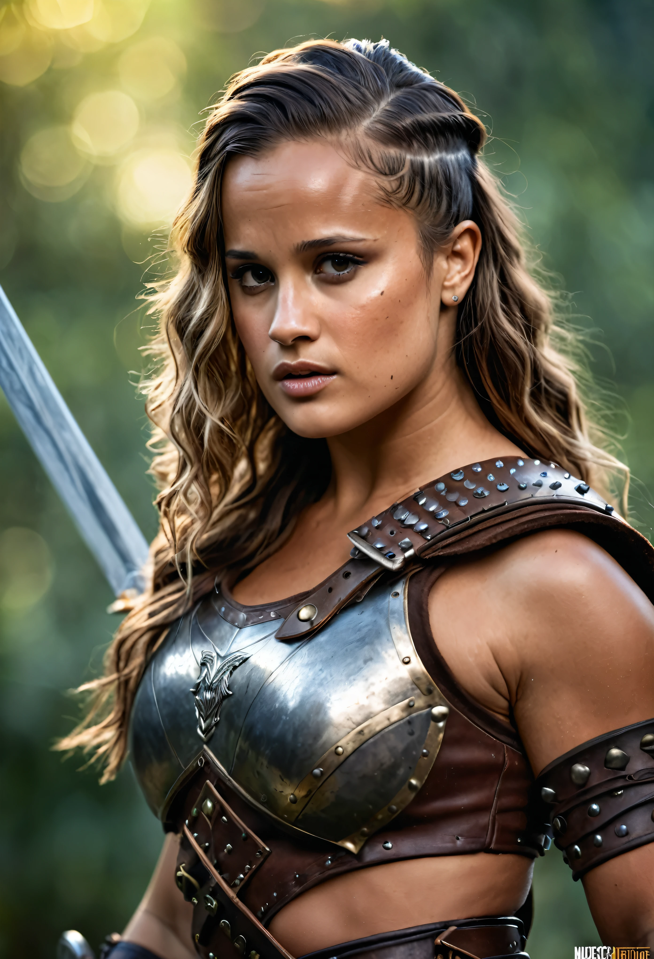 Looks like Alicia Vikander, A beautiful barbarian woman, styled hair, punk hair, sword and sorcery, skimpy armour, high detail face, high detail skin, muscle definition, high resolution, photo-realistic, cinematic lighting, depth of field, bokeh, sexy warrior costumes,