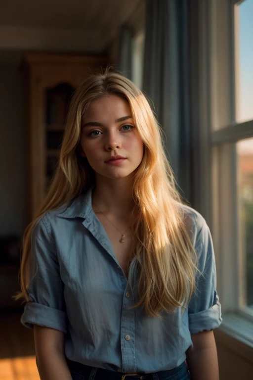 A photorealistic portrait of a 22-year-old American girl with long, flowing blonde hair and striking blue eyes. She should have a natural, approachable expression and be illuminated by soft, golden-hour sunlight. The background should be a simple room. We should see the girl from knees to head, in front of a mirror. We should see the phone capturing the photo and it should be an iphone 15. Capture this image with an Iphone 15 from big angle. The girl should not be too big in the picture, so a realistic height.
