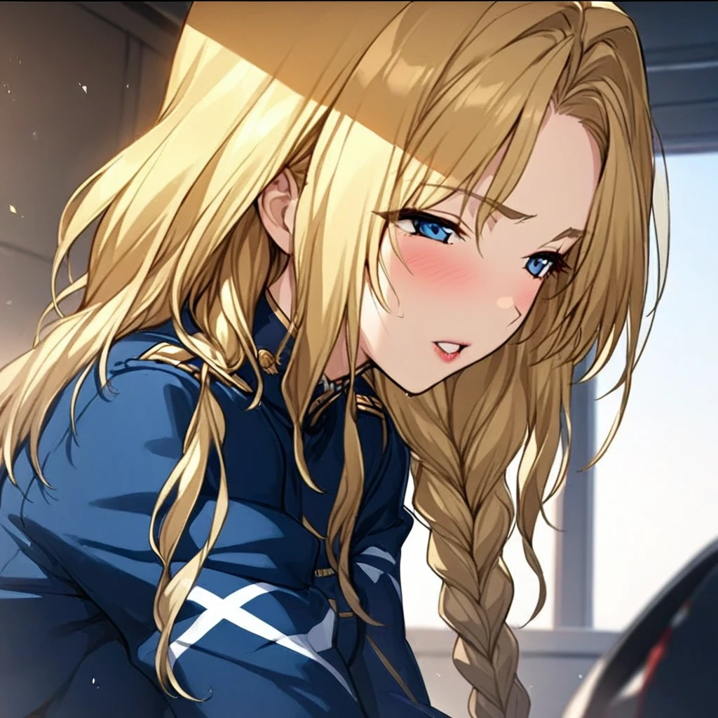 1 girl, Long blonde hair, The back hair is braided with a fine mesh, Blue Eyes, Blue military uniform, lipstick,   BREAK Anime Screenshots, masterpiece, Highest quality