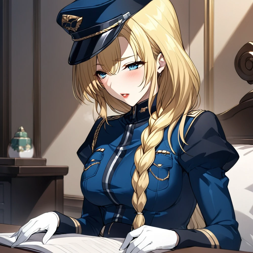 1 girl, Long blonde hair, The back hair is braided with a fine mesh, Blue Eyes, Blue military uniform, lipstick,   BREAK Anime Screenshots, masterpiece, Highest quality