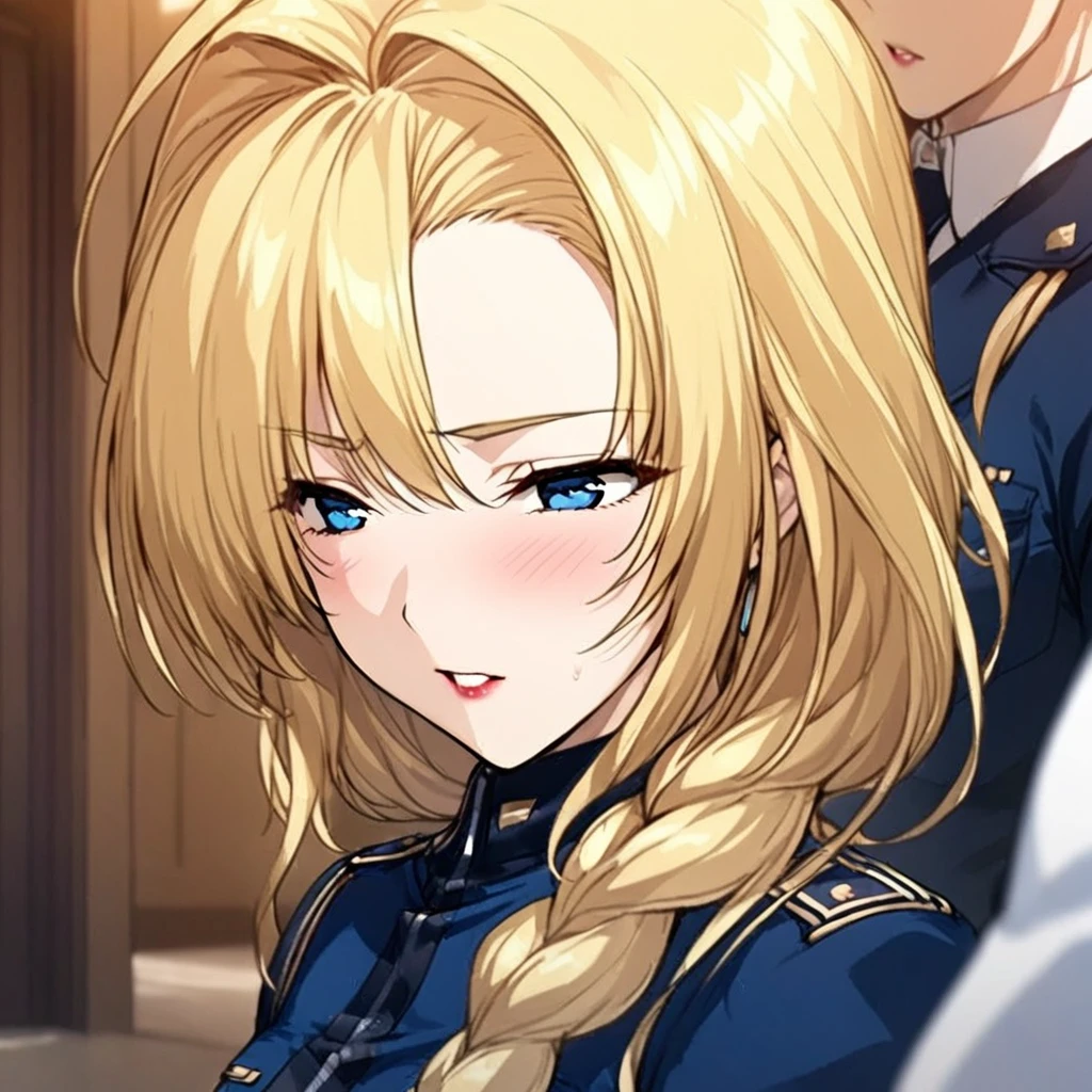 1 girl, Long blonde hair, The back hair is braided with a fine mesh, Blue Eyes, Blue military uniform, lipstick,   BREAK Anime Screenshots, masterpiece, Highest quality