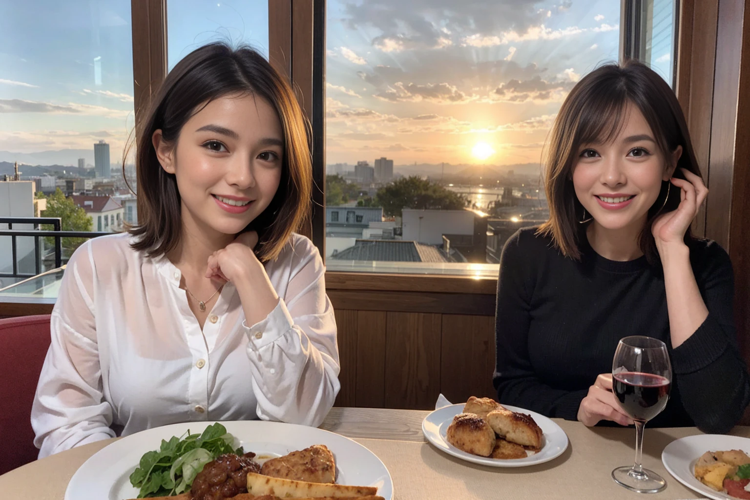 (Realistic:1.1),(masterpiece,Highest quality),8k,(49 years old), 50 years old, slimカップル、Tight waist,Upper Body,full-course dinner、wine 、Amazing view of the sunset sky and clouds、Perfect Anatomy, Brown Hair, short hair,Random Hairstyles,((Highly detailed face and eyes:1.2)),Perfect golden ratio face,Long sleeve shirt、dress,(smile:1.2)、Shortcuts、cute、(Realistic, Intricate details:1.2), A bright smile、short hair,Bright Face、赤wine 、Appetizers、Italian food、wine bottle、Champagne、スパークリングwine、(slimな顔), (The body is slim), (Brown Hair), (Shortcuts), Upper Body, 白wine, slim, wineグラス,