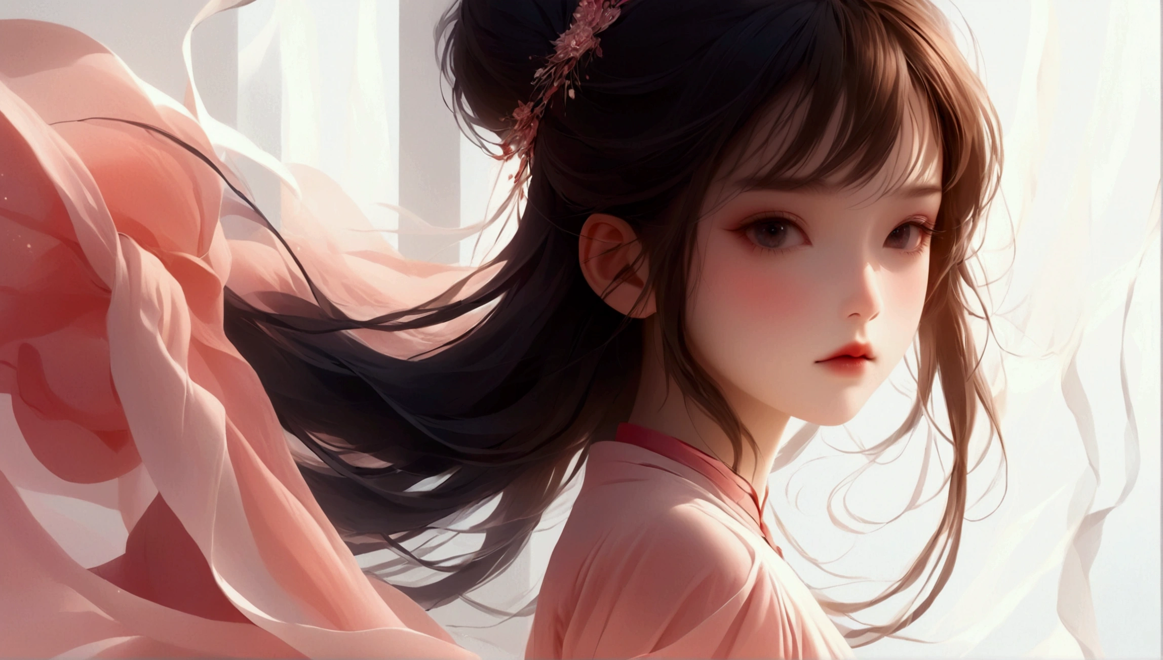 A little girl dancing；[Dark Eyes，confidence，High and cold，happy]；[Long skirt，Elegant，Long sleeve；Set，Light pink and white gradient，Traditional style，The skirt has no pattern，,White background；Full body panorama 1.5，Character front；Composition：The character is on the right side of the screen，Large area of white space；Long hair in the wind,Fashion, Dynamic photography, Dynamic photography；Influence of modernism, nature, , modern Art, Astonishing, blur background, Soft lighting，Character front光, happy emotion, Simple style；Minimalism。Panoramic photography；Shallow depth of field, Extraordinary details, masterpiece, high quality, 4K，cinematic lighting, motion blur, depth of field, sparkle, ray tracing, reflection light, anatomically correct, uhd, textured skin, best quality, super detail, highres, high details, accurate, high quality, award winning。