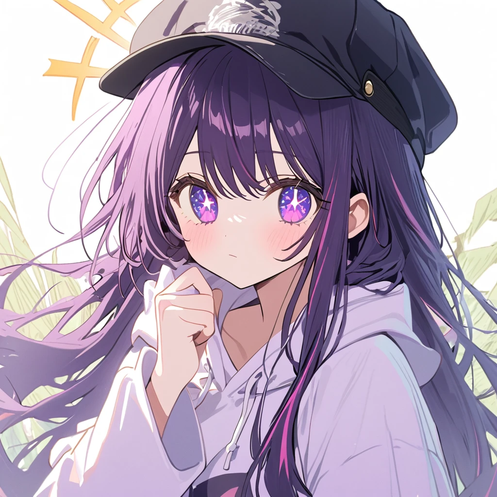 girl, Hoshino Ai, Expressionless, Stars in my eyes, black cap, Put the cap on with your hand, purple long hair, white hoodie, (((pastel white sun glasses))), drink Tapioca Milk Tea, (((white))) background