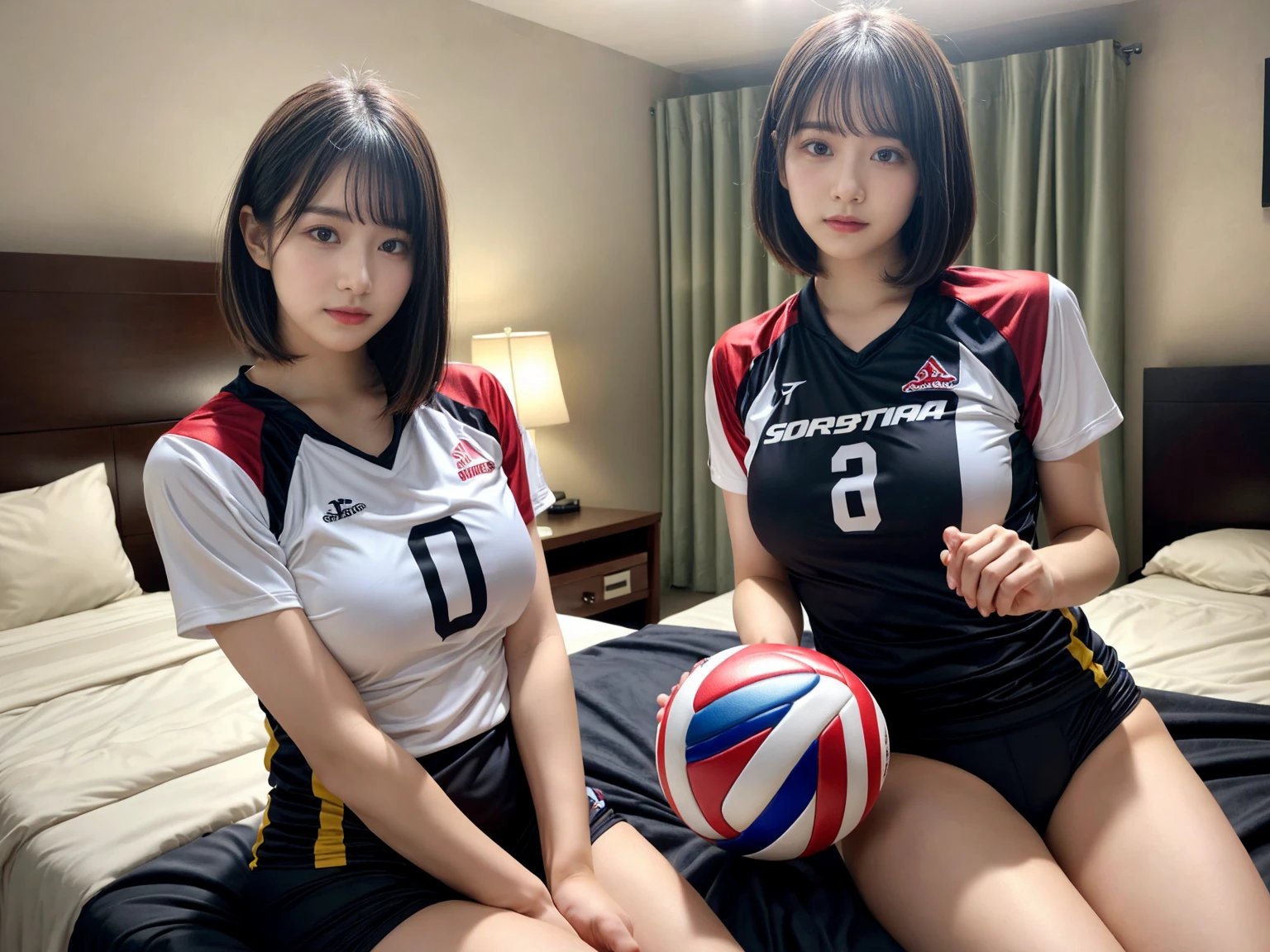 masterpiece, best quality, illustration, Super detailed, fine details, High resolution, 8K,wall paper, perfect dynamic composition,(Details High quality, realistic depiction of eyes:1.3), (2 girls), (short hair volleyball player, Volleyball Uniforms), Tight clothes, sitting, open legs, short bob hair, in a hotel room in the background, deep on field, large breasts, black hair color, Big Natural Color Lip, (perfect body shape), crying a little、Harajuku style、20 year old girl、cute type、beautiful legs, Gravure Idol
