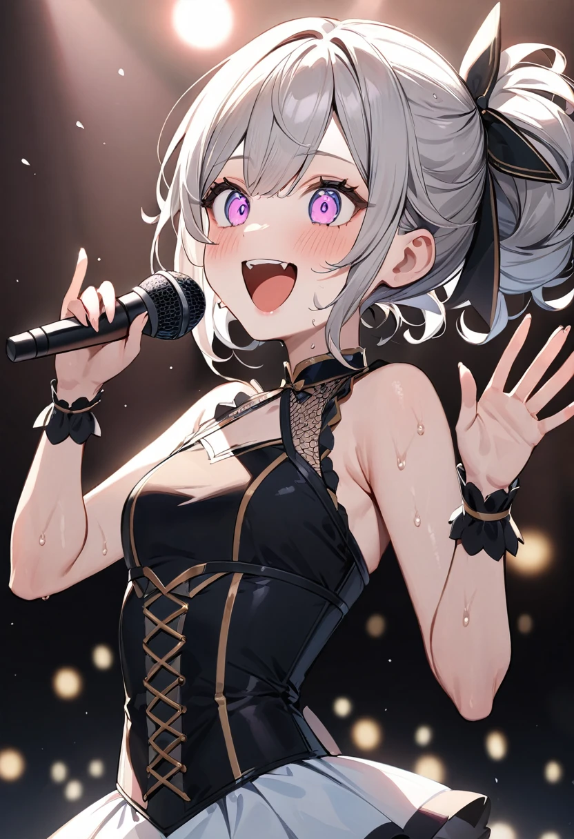 (masterpiece, top quality, very aesthetic, 4k、illustration), intricate detail, 1woman,、solo,contrapposto 、,(upper body)、(Scream),Cute、、Hold the microphone、smile、shout、Random Hairstyle、Random Hair Color、,middle hair,sidelock ,Random Color eyes、idol clothes、small breasts、Slim 、Sweat