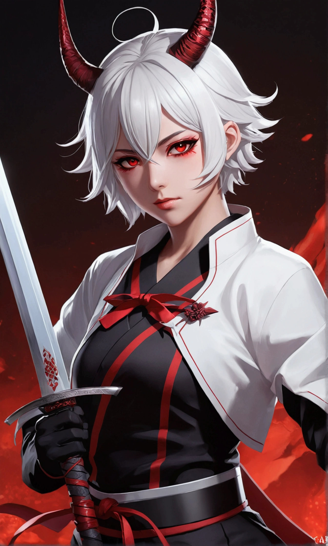 female anime character with short white hair with a sword in her left hand, there was a white demon figure with horns and red eyes, fangs on his right side, This anime wears black and red clothes, Demon Slayer Rui fanart, Demon Slayer art style, Anime badass 8 k, dari arknights, wallpaper anime 4k konachan terbaik, by Yang J, gapmoe yandere grimdark, Keqing from Genshin Impact, trending di artstation pixiv, very detailed, glitter, Wide, perfect detail, ultra HD, full body, menggabungkan monster putih bermata merah menyala dan dua tanduk merah, yang mengaum dengan taringnya, seolah muncul dari ledakan partikel putih