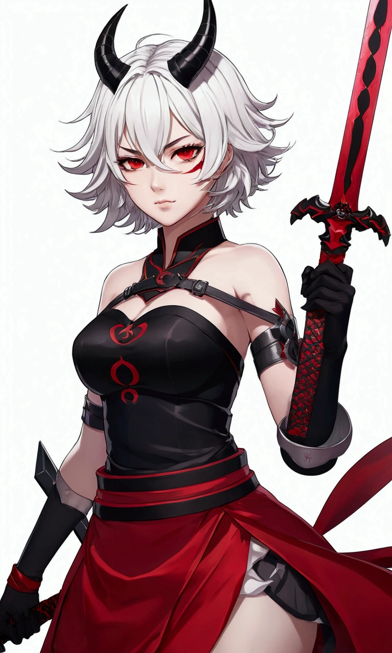 female anime character with short white hair with a sword in her left hand, there was a white demon figure with horns and red eyes, fangs on his right side, This anime wears black and red clothes, Demon Slayer Rui fanart, Demon Slayer art style, Anime badass 8 k, dari arknights, wallpaper anime 4k konachan terbaik, by Yang J, gapmoe yandere grimdark, Keqing from Genshin Impact, trending di artstation pixiv, very detailed, glitter, Wide, perfect detail, ultra HD, full body, menggabungkan monster putih bermata merah menyala dan dua tanduk merah, yang mengaum dengan taringnya, seolah muncul dari ledakan partikel putih
