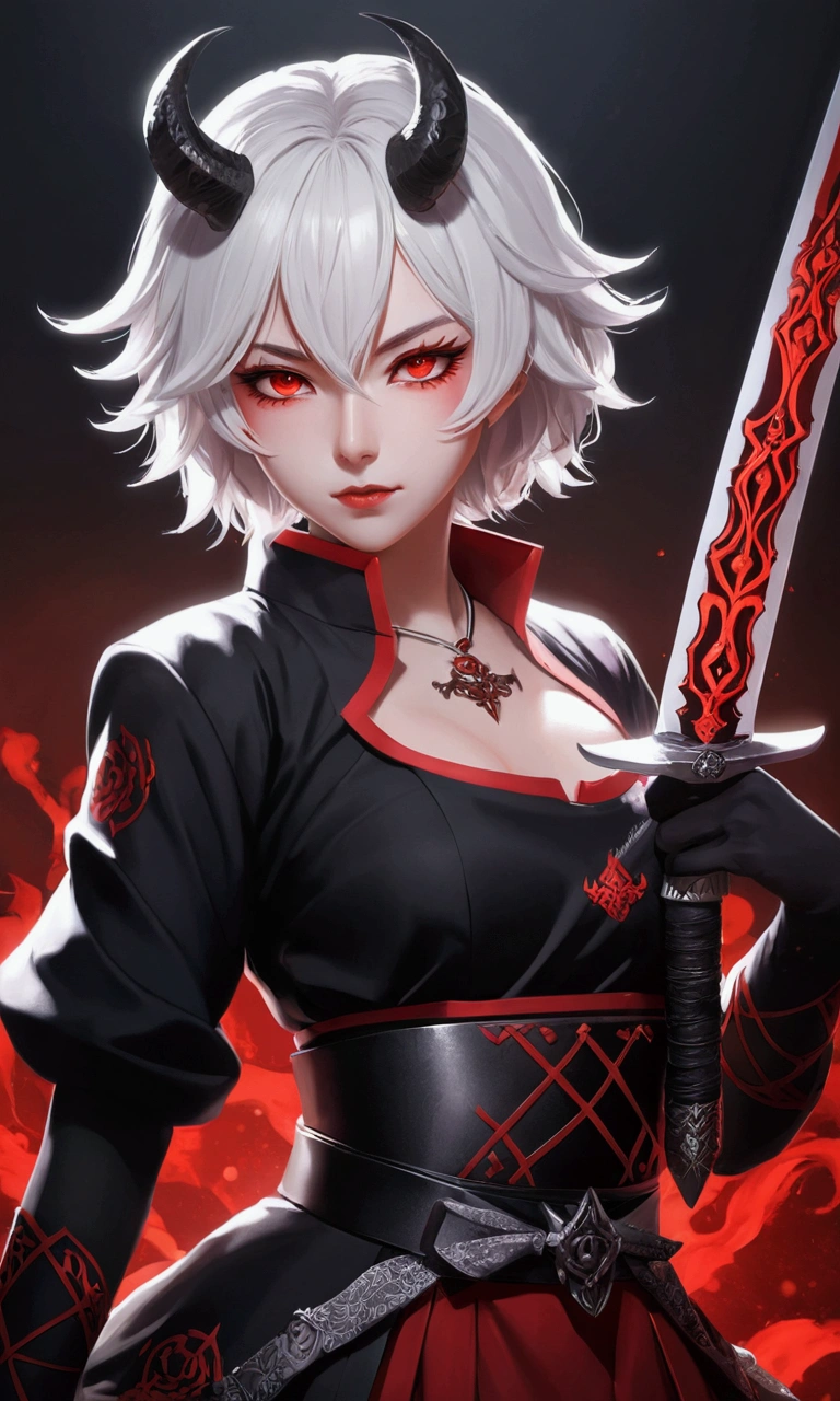 female anime character with short white hair with a sword in her left hand, there was a white demon figure with horns and red eyes, fangs on his right side, This anime wears black and red clothes, Demon Slayer Rui fanart, Demon Slayer art style, Anime badass 8 k, dari arknights, wallpaper anime 4k konachan terbaik, by Yang J, gapmoe yandere grimdark, Keqing from Genshin Impact, trending di artstation pixiv, very detailed, glitter, Wide, perfect detail, ultra HD, full body, menggabungkan monster putih bermata merah menyala dan dua tanduk merah, yang mengaum dengan taringnya, seolah muncul dari ledakan partikel putih
