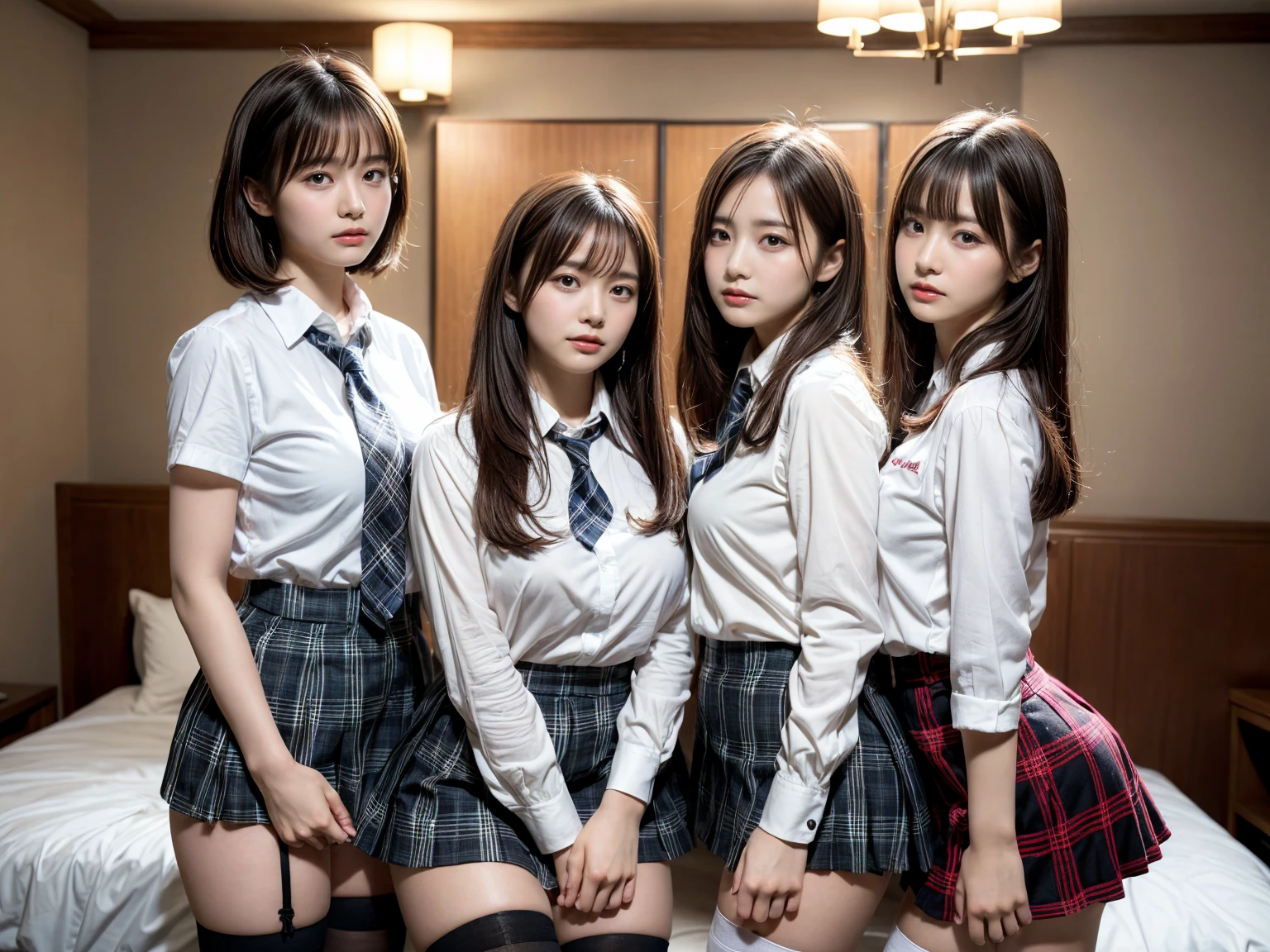 masterpiece, best quality, illustration, Super detailed, fine details, High resolution, 8K,wall paper, perfect dynamic composition,(Details High quality, realistic depiction of eyes:1.3), (3 girls), (white school shirt :1.2), (plaid skirt :1.3), tie black, black thigh-high stockings, sitting, open legs, short bob hair, in a hotel room in the background, deep on field, large breasts, black hair color, Big Natural Color Lip, (perfect body shape), crying a little、Harajuku style、20 year old girl、cute type、beautiful legs, Gravure Idol