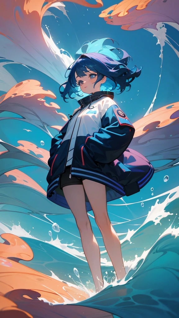 8K, 1girl, high color, gorgeous, (fractal art 1.8), pout, youth, blue hair, deep under the sea, gorgeous, dynamic, visual impact, hands in pockets, (waves on the lens 1.5)