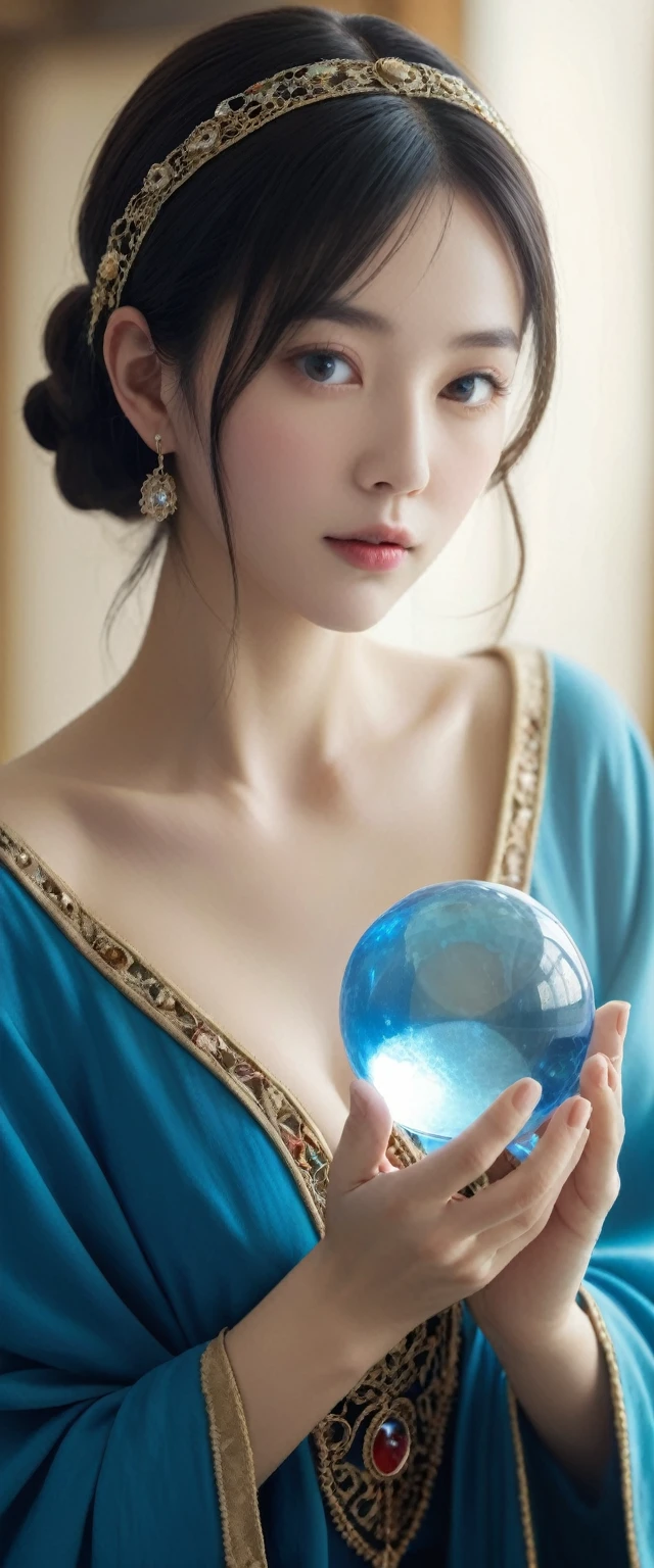Female fortune teller. Body and face orientation: front. Charm, Beautiful and mysterious. She is wearing a blue cape、Have a clear face. The atmosphere is bright and sparkling, Filled with anxiety and anticipation. A fortune teller is standing. He has a crystal ball in his right hand. The lighting in the room is bright, Create a fantastic atmosphere. Best image quality, 4K or 8K resolution. Extremely detailed and realistic, Almost photorealistic. Artistic style is、It should reflect the formula's aesthetic with bright colors and strong contrast。. The color palette should emphasize the mysterious and mystical theme of the piece.. The fortune teller's cloak is decorated with metal trim and intricate designs.、The thickness ratio is 1.5. The overall atmosphere is starry and magical.. The fortune teller's facial expression should arouse mystical interest..