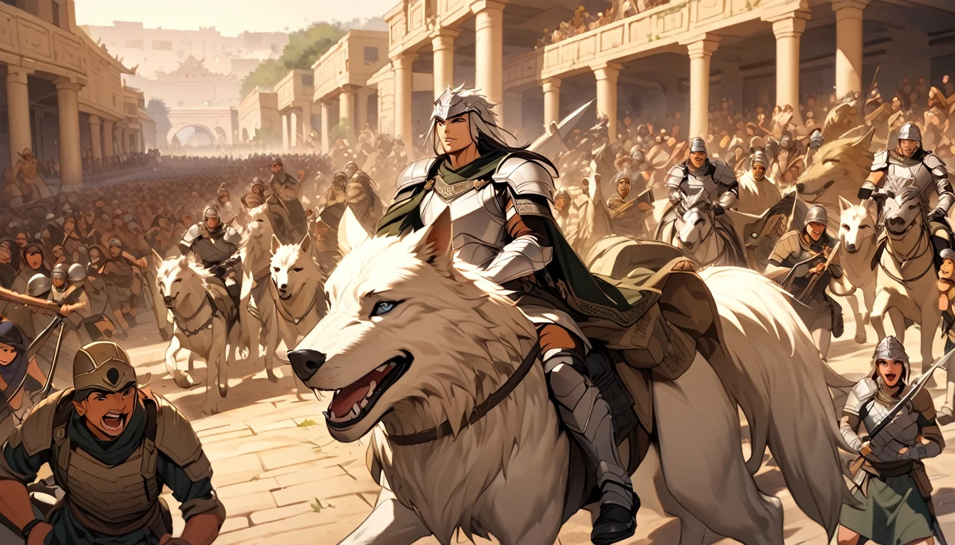 Silver armored soldiers, riding big white wolves, the army, the atmosphere of the ancient city, the vibrant community, riding big wolves, children having fun.