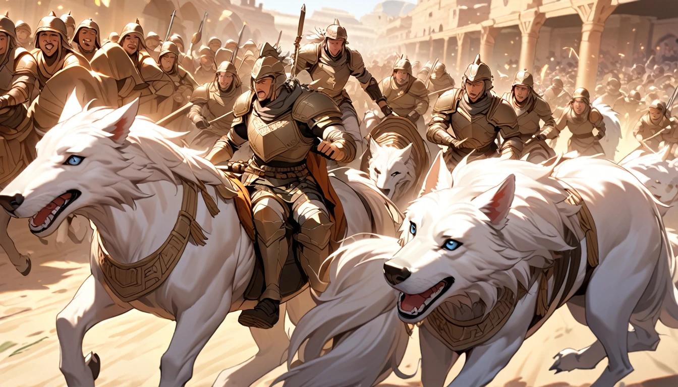 Silver armored soldiers, riding big white wolves, the army, the atmosphere of the ancient city, the vibrant community, riding big wolves, children having fun.