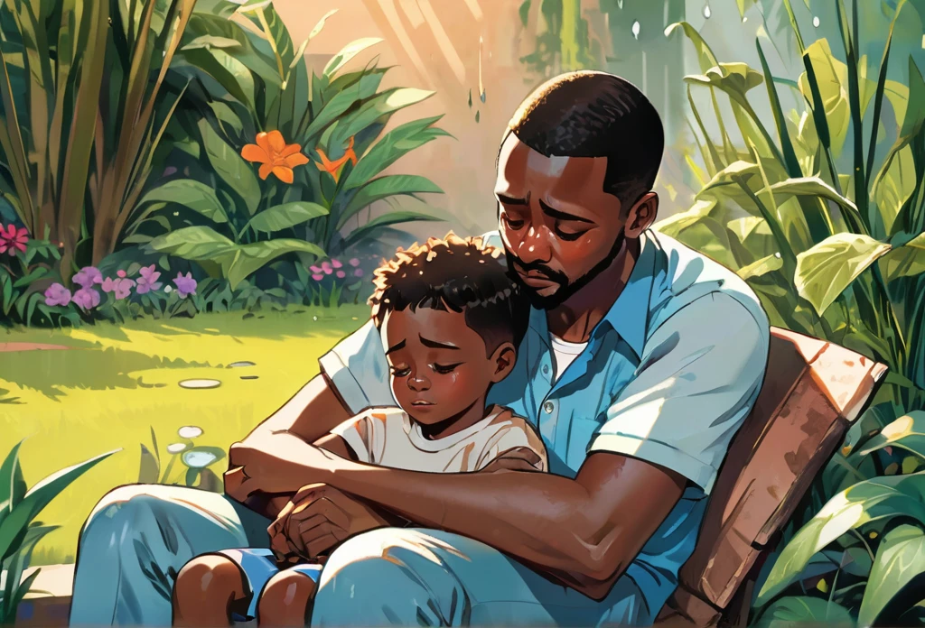 An eight years old boy(character design sheet) sitting on his father's lap, crying with tears, his father consoling him, Outdoor, garden
African (masterpiece best quality:1.2) delicate illustration ultra-detailed, illustrations, bright, colourful,