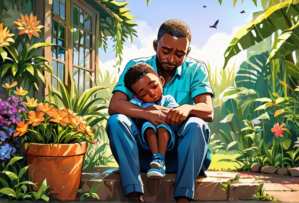 An eight years old boy(character design sheet) sitting on his father's lap, crying with tears, his father consoling him, Outdoor, garden
African (masterpiece best quality:1.2) delicate illustration ultra-detailed, illustrations, bright, colourful,