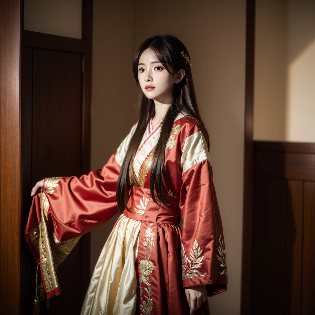 ((Highest quality)), ((masterpiece)), (detailed), (Perfect Face)、The woman is Ogiso Setsuna, with light brown, medium-long hair and a gorgeous red Chinese dress with gold embroidery and trim.