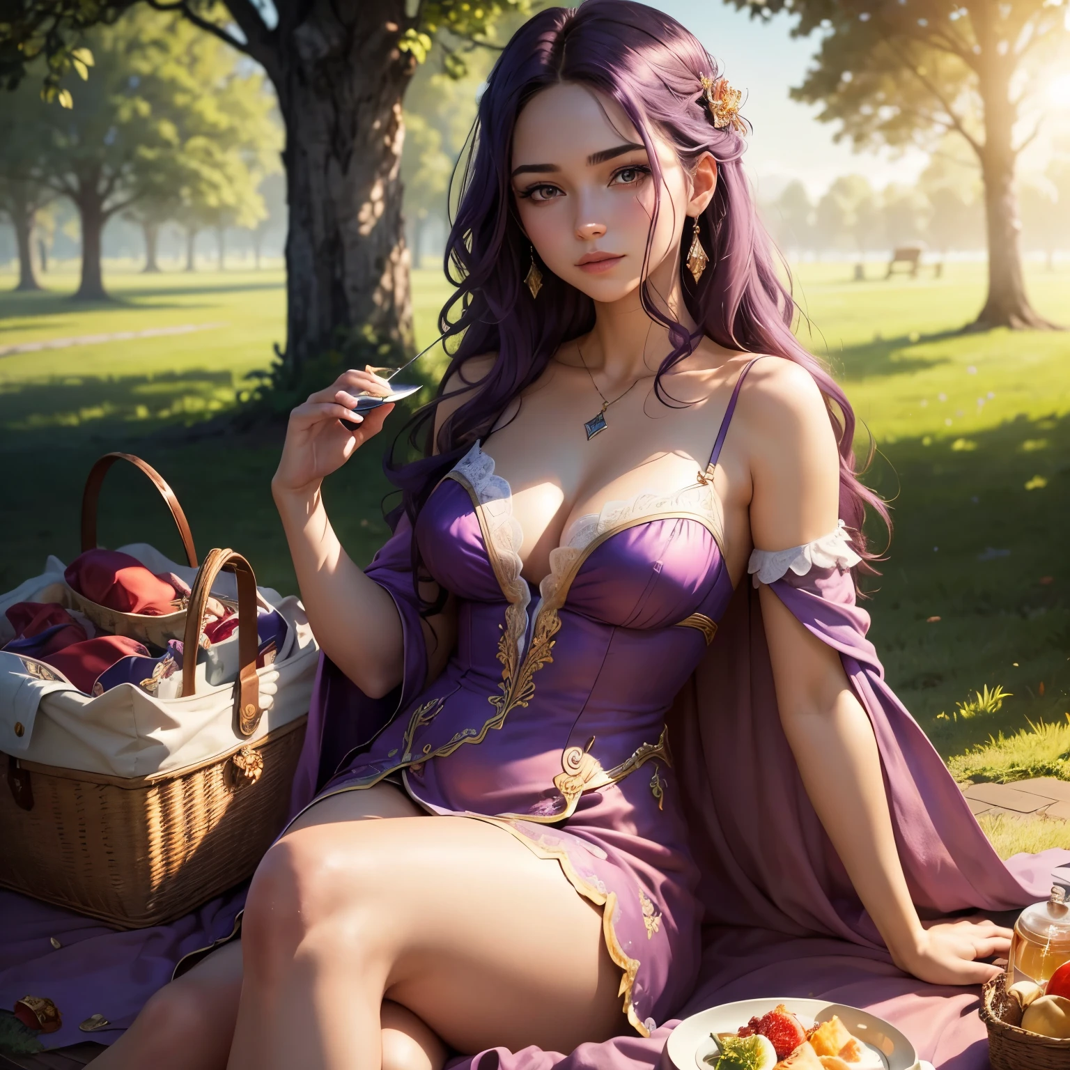 Create a detailed and highly realistic scene depicting Lanlinger, a beautiful 18-year-old girl with messy dark purple hair. She has a perfect face with soft skin, featuring light violet and red hues, and wears a sexy purple dress with a fantasy queen style, adorned with intricate designs and luxurious fabrics. The scene captures her sitting on a picnic blanket in a park. The weather is beautiful, with the sun casting a warm glow. The style should be in an oil painting style, with an 8k resolution to capture the essence of a masterpiece.