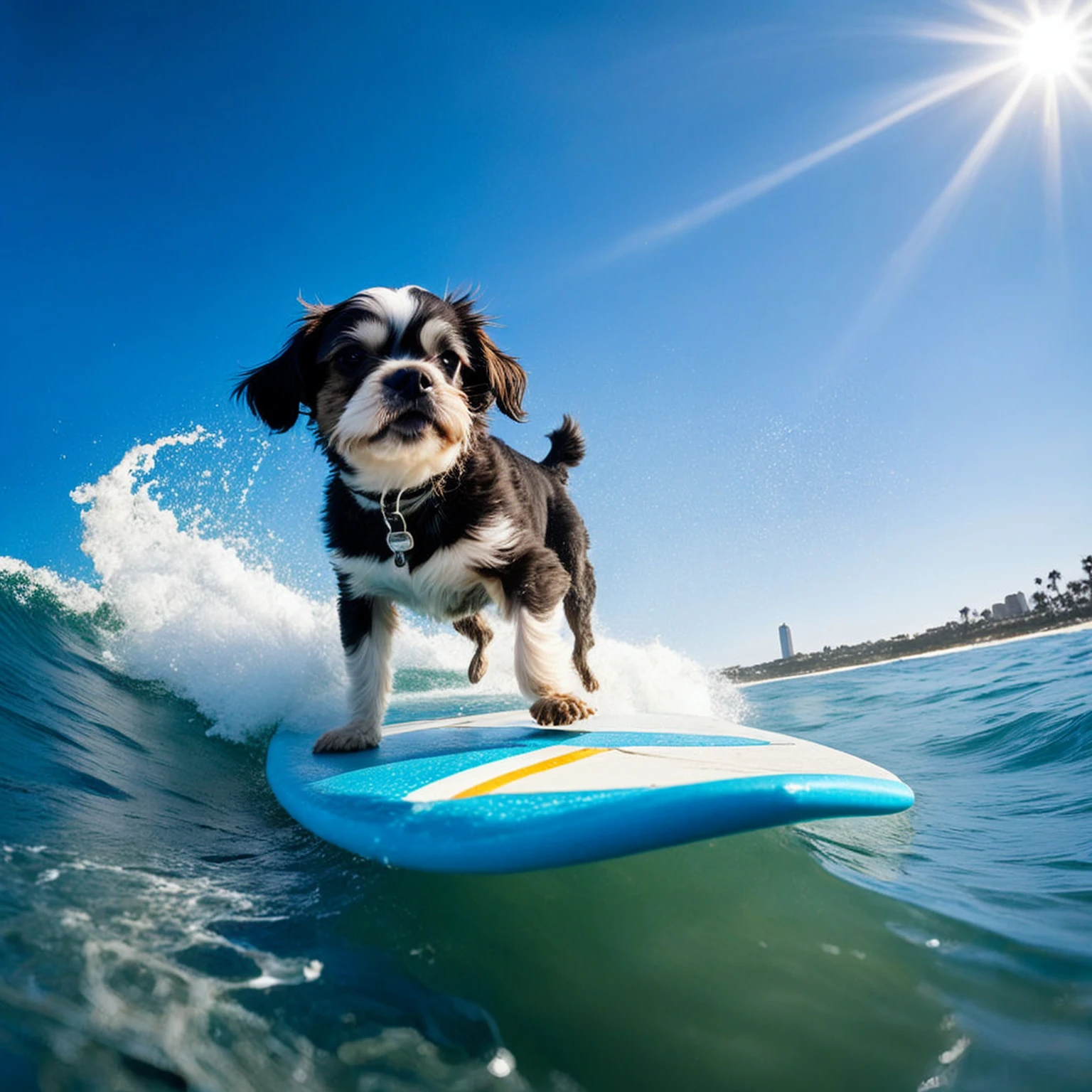 Shih Tzudog equipped with a vibrant surf board positioned dynamically as it maneuvers through an azure blue ocean uncanny waves peaking, sun rays bouncing off glistening water surfaces, poised stance, surfing action captured in mid-motion, salty spray particles swirling around, sea gulls soaring in the background, clear sky, surfing adventure in tropical seas, natural light, sharp details, ultra realistic, high contrast tones