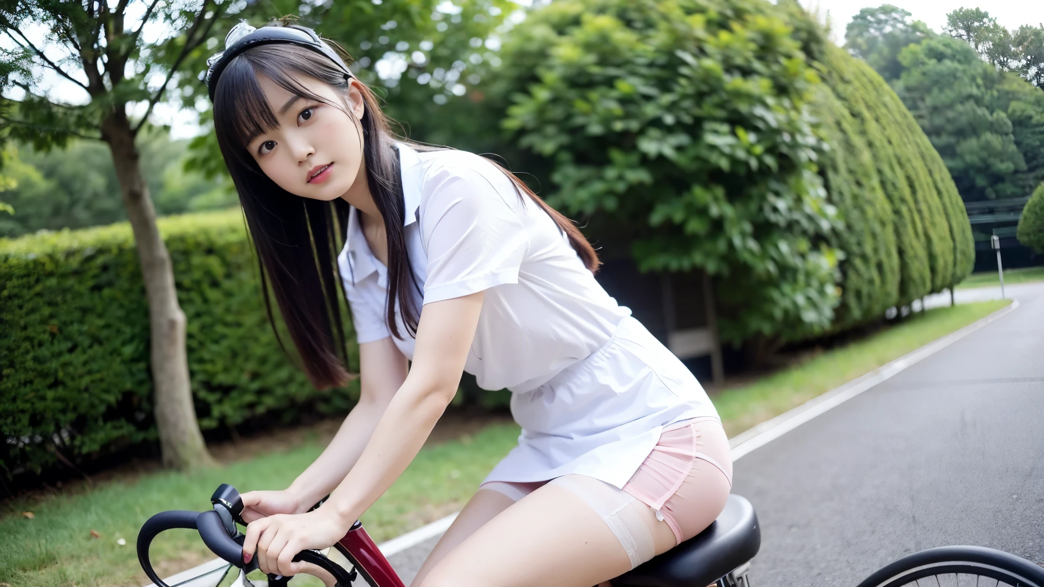 (riding a bicycle: 1.5), a strong wind is blowing and her skirt is billowing, (exposed panty:1.5), japanese riding a bicycle with her panties pulled down to show her buttocks, japanese girl riding, young sensual gravure idol, young gravure idol, young pretty gravure idol, young skinny gravure idol, kubo shiori, japanese model, cute girl, wearing skirt and high socks, giantess, giantess shot, realistic young gravure idol, highly detailed giantess shot, realistic body, extremely detailed giantess shot, macro giantess, wearing japanese dress, school girl, umi shinonome, beautiful
