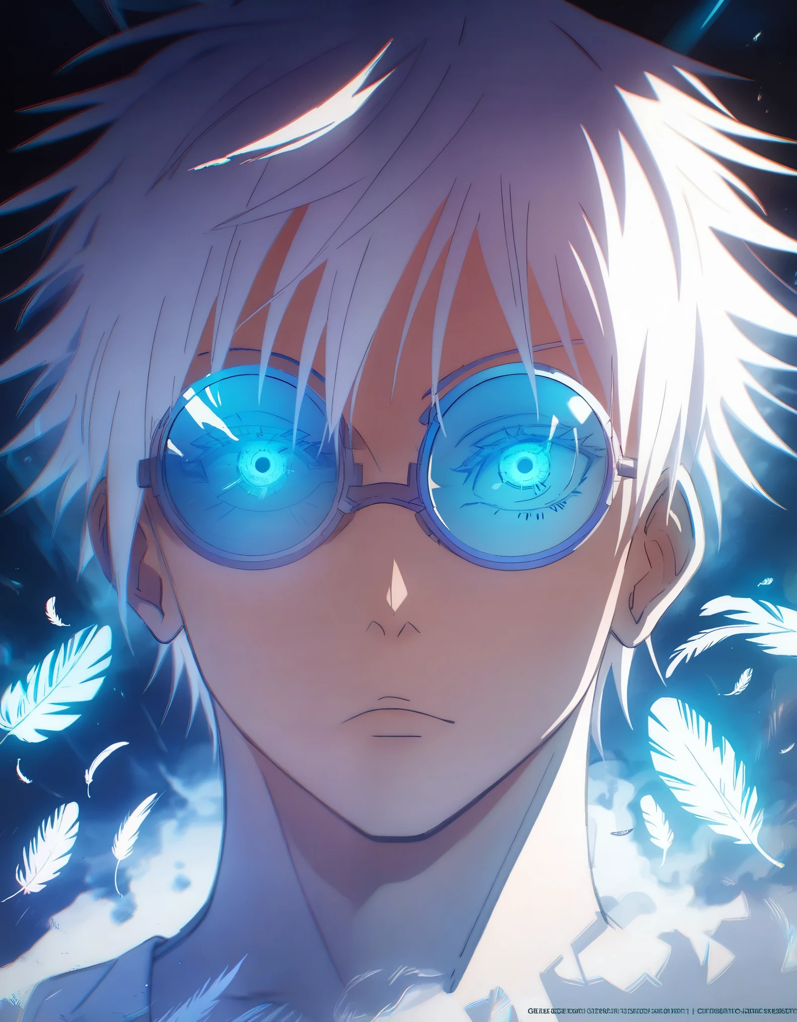 (score_9, score_8_up, score_7_up), zPDXL, 1 boy, alone, looking at viewer, simple warm colored background, neon blue eyes, background, short hair, white hair, broken glasses, lenses, neon blue feathers falling, serious look, determination, dark aura, front view, masterpiece, best quality, hyper detailed, cinematic light, intricate detail, high resolution, official art, detailed glow, blue light feathers, portrait, the pupil of the eyes with detailed structures, dark atmosphere, neon blue feathers, diffraction spike, vibrant colors, concept artist, electronic links, falling feather