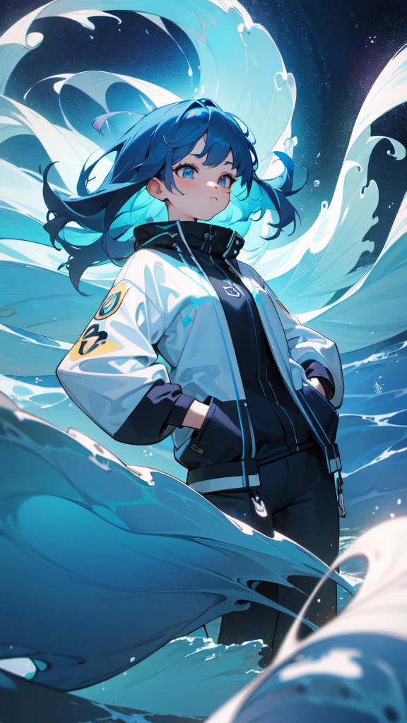 8K, 1girl, high color, gorgeous, (fractal art 1.8), pout, youth, blue hair, deep under the sea, gorgeous, dynamic, visual impact, hands in pockets, (waves on the lens 1.5)