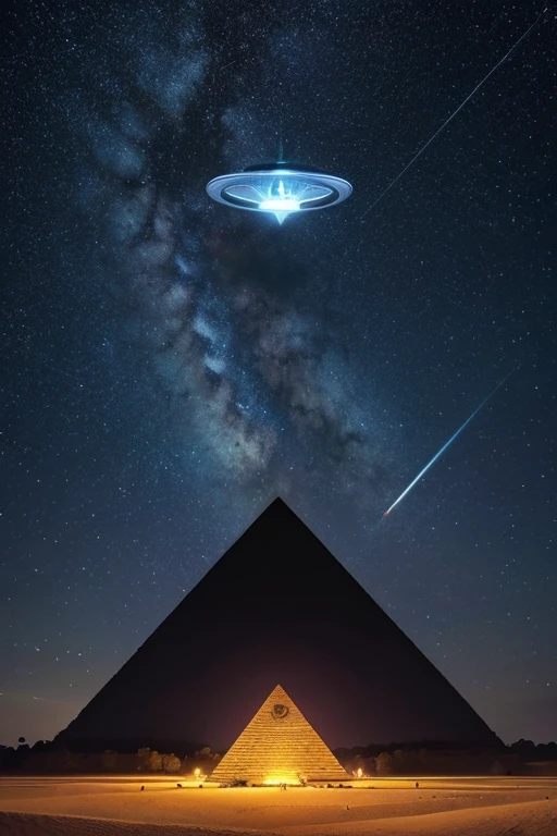 Draw a UFO hovering over a pyramid seen from the front。The pyramid is designed to resemble the Freemason logo.、There is an eye painted on the top。The UFO is a classic saucer shape.、It emits light。The background is the night sky and stars.、Please make the pyramid and UFO the focal point of the photo.。」
