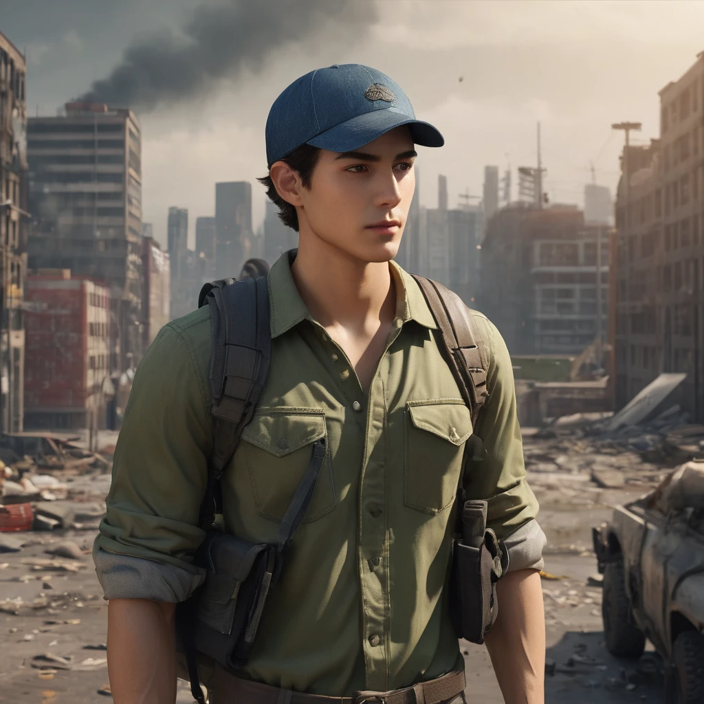 ((Handsome young man wearing a cap with a visor behind his back:1.5)), ((Long shot:1.6)), Unreal Engine:1.4, Ultra-realistic K CG, Realistic:1.4, ((Hyper-realistic skin texture:1.5)), Masterpiece:1.4, Extreme Max style, Denim jacket, Long brown hair, Honey-colored eyes, Military shorts, Green tights, Accessories on his clothes and hair, Apocalypse city background.