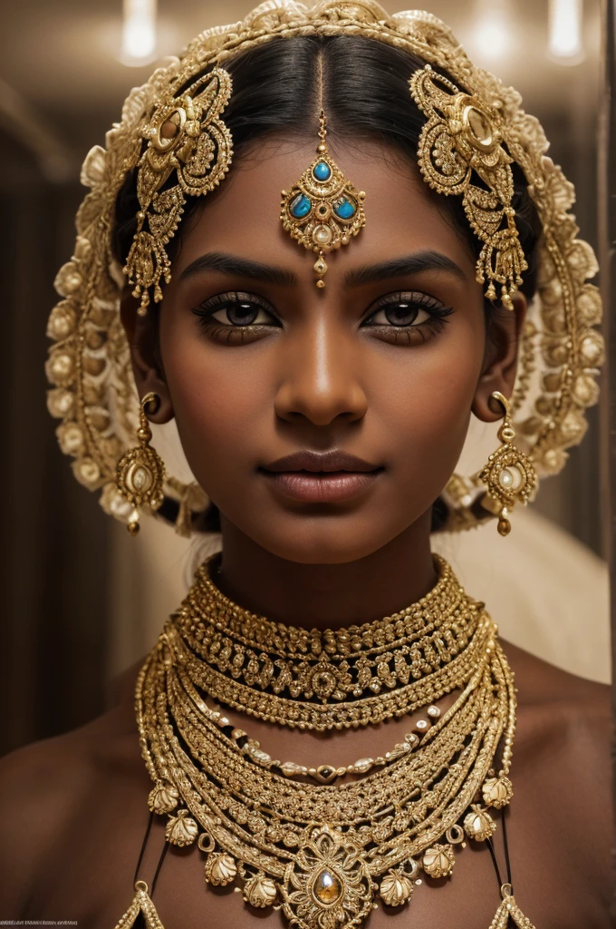 Tamil girl, smile:0.6, high detail face, high detailed skin texture, choli, long skirt, braided hair, beautiful curvaceous figure, 34C, round deep navel, inside dark room, only a bulb hanging over her head, K, HDR, high resolution, photo-realistic, depth of field, cool colors, midnight scenario, ear studs, wrist watch, high heels, eyes symmetry, face symmetry, (intricated meticulously detailed:1.6 faces & eyes & ears & nose & lips & body parts), hyper maximized objects