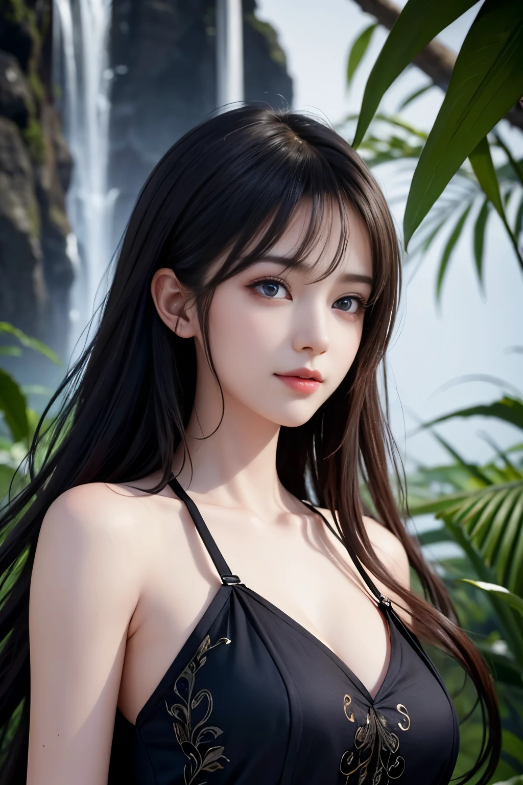 (ultra realistic) , (illustration), (increase resolution), (8K), (extremely detailed), (best illustration), (beautiful detailed eyes), (best quality), (ultra-detailed), (masterpiece), (wallpaper), (detailed face), 1 girl, black straight hair, slender body, delicate details, in the dark, deep shadow, low key, pureerosfaceace_v1, happy smile, summer dress, waterfall, rainforest