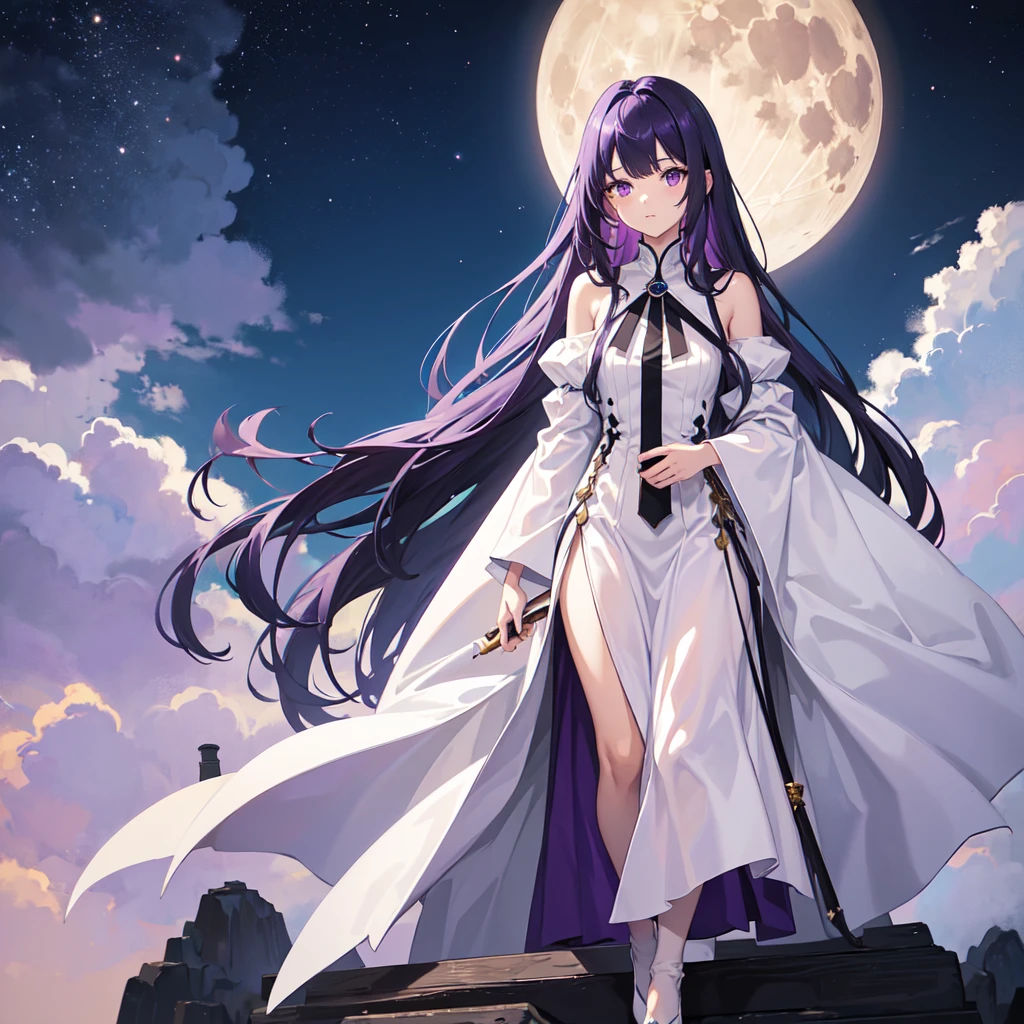 1 girl, long purple hair with bangs, purple eyes, wearing white long dress with black topcoat, black shoes, holding brown huge staff with 1 hand, standing above a tower with full moon, high res, ultrasharp, 8k, masterpiece