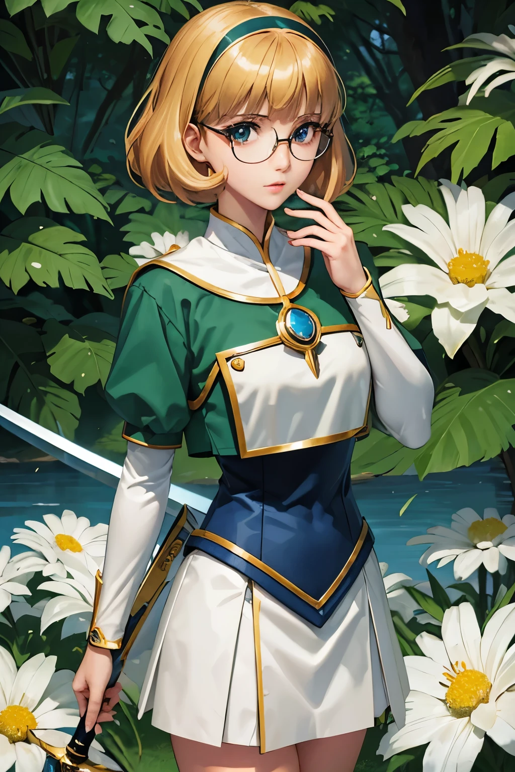 Fuu-Hououji、blonde、Bobcut、Glasseagic Knight Rayearth"、Magic Knight、Green Sailor Suit、Green ilver breastplate、White shoulder rest、White gauntlets、Long sword、（（（ＳＦＷ、sound、Highest quality、first-clasasterpiece、Normal body、8k、Detailed face、Ultra-precision、Normal hand、Normal finger、５Finger、Highest）））