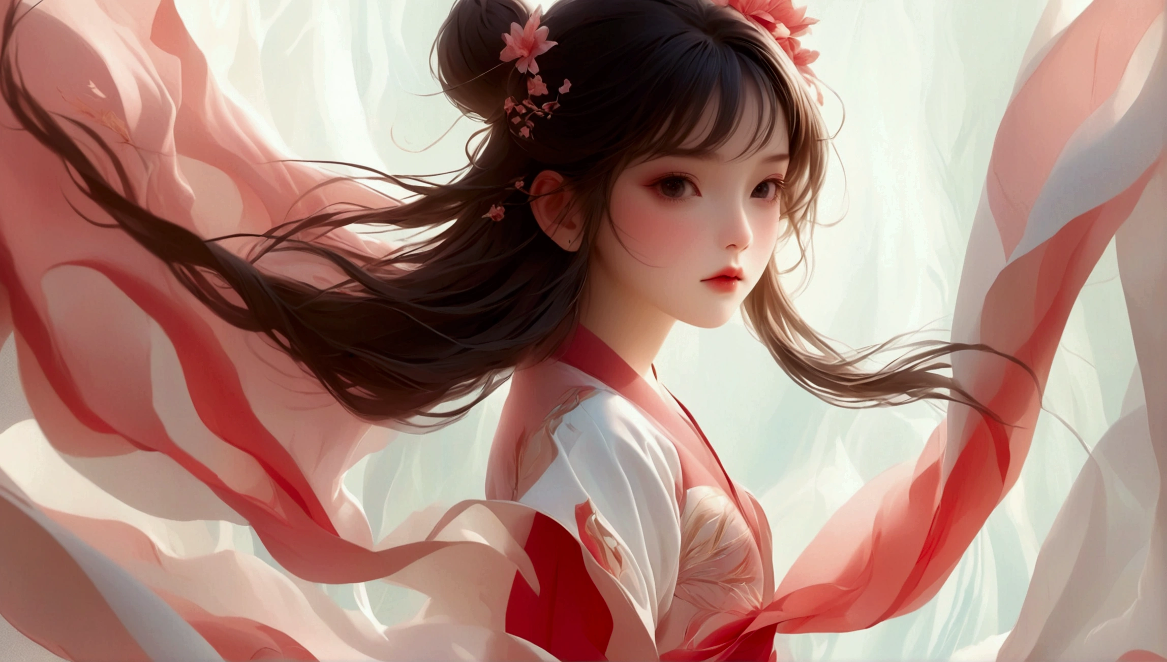 A  dancing；[Dark Eyes，confidence，High and cold，happy]；[Long skirt，Elegant，Long sleeve；Set，Light pink and white gradient，Traditional style，The skirt has no pattern，White background；Full body portrait；Character front；Composition：The character is on the right side of the screen，Large area of white space；Long hair in the wind,Fashion, Dynamic photography, Dynamic photography；Influence of modernism, nature, , modern Art, Astonishing, blur background, Soft lighting，Character front光, happy emotion, Simple style；Minimalism。Panoramic photography；Shallow depth of field, Extraordinary details, masterpiece, high quality, 4K，cinematic lighting, motion blur, depth of field, sparkle, ray tracing, reflection light, anatomically correct, uhd, textured skin, best quality, super detail, highres, high details, accurate, high quality, award winning。