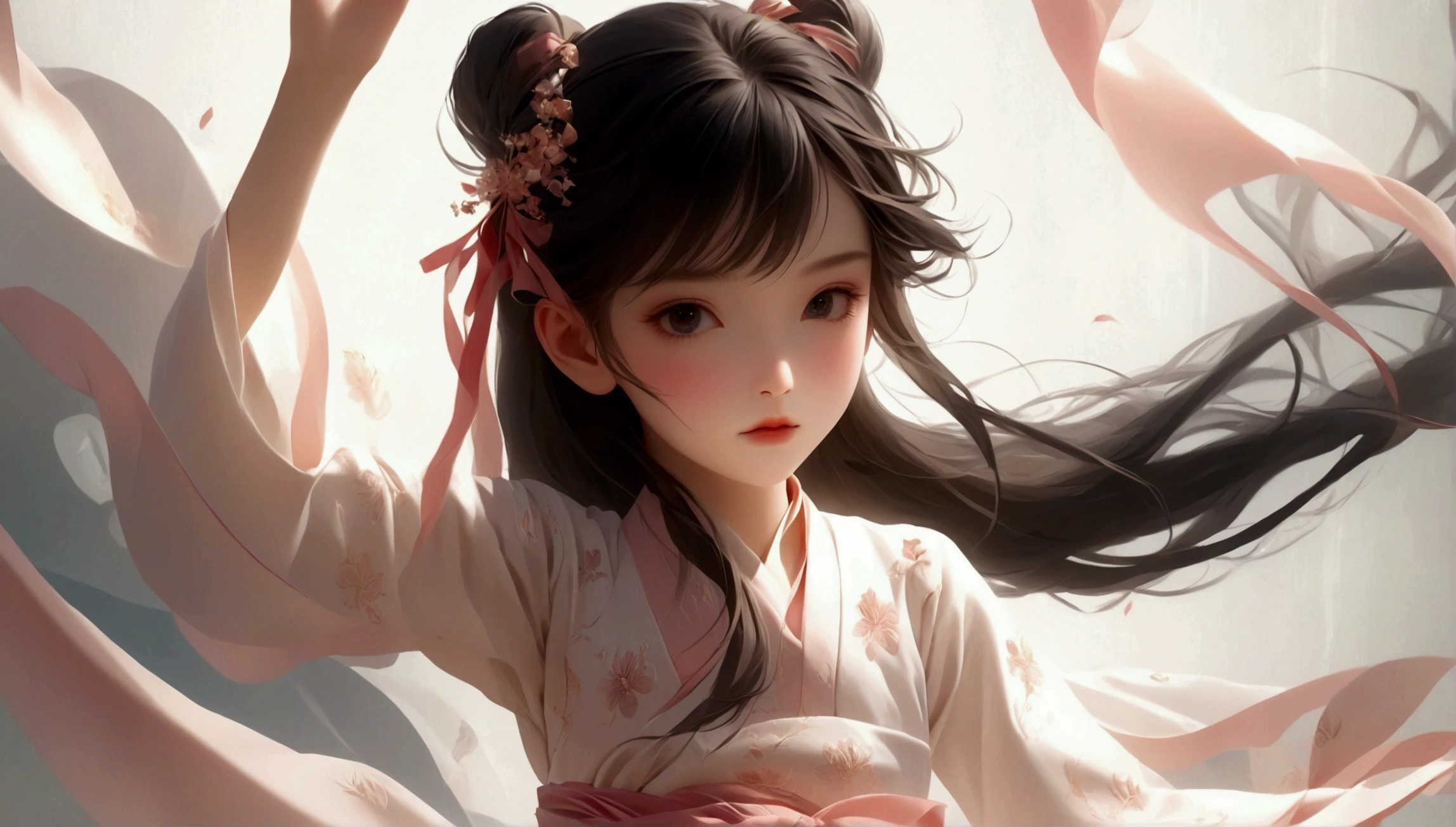 A  dancing；[Dark Eyes，confidence，High and cold，happy]；[Long skirt，Elegant，Long sleeve；Set，Light pink and white gradient，Traditional style，The skirt has no pattern，White background；Full body portrait；Character front；Composition：The character is on the right side of the screen，Large area of white space；Long hair in the wind,Fashion, Dynamic photography, Dynamic photography；Influence of modernism, nature, , modern Art, Astonishing, blur background, Soft lighting，Character front光, happy emotion, Simple style；Minimalism。Panoramic photography；Shallow depth of field, Extraordinary details, masterpiece, high quality, 4K，cinematic lighting, motion blur, depth of field, sparkle, ray tracing, reflection light, anatomically correct, uhd, textured skin, best quality, super detail, highres, high details, accurate, high quality, award winning。