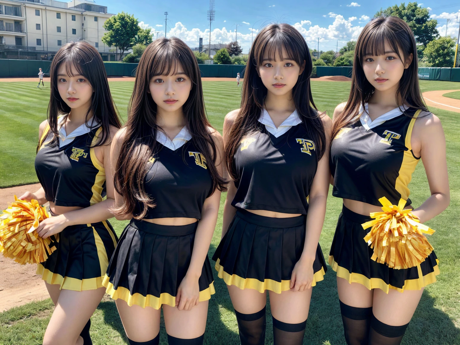 masterpiece, best quality, illustration, Super detailed, fine details, High resolution, 8K,wall paper, perfect dynamic composition,(Details High quality, realistic depiction of eyes:1.3), (3 girls), BREAK (cheerleader uniform with yellow as basic color:1.3), (holding a yellow pompoms in hand:1.4), (sleeveless yellow tunic with baseball team logo:1.4), yellow tops, (bold V-neck:1.3), ((Blue lines, black lines) on tops:1.3), ((fit and flare, A-line):1.3), (A-line yellow rah-rah skirt:1.3), mini skirt, (black socks:1.3), (sports shoes:1.2), sitting, open legs, short bob hair, in a hotel room in the background, deep on field, large breasts, black hair color, Big Natural Color Lip, (perfect body shape), crying a little、Harajuku style、20 year old girl、cute type、beautiful legs, Gravure Idol