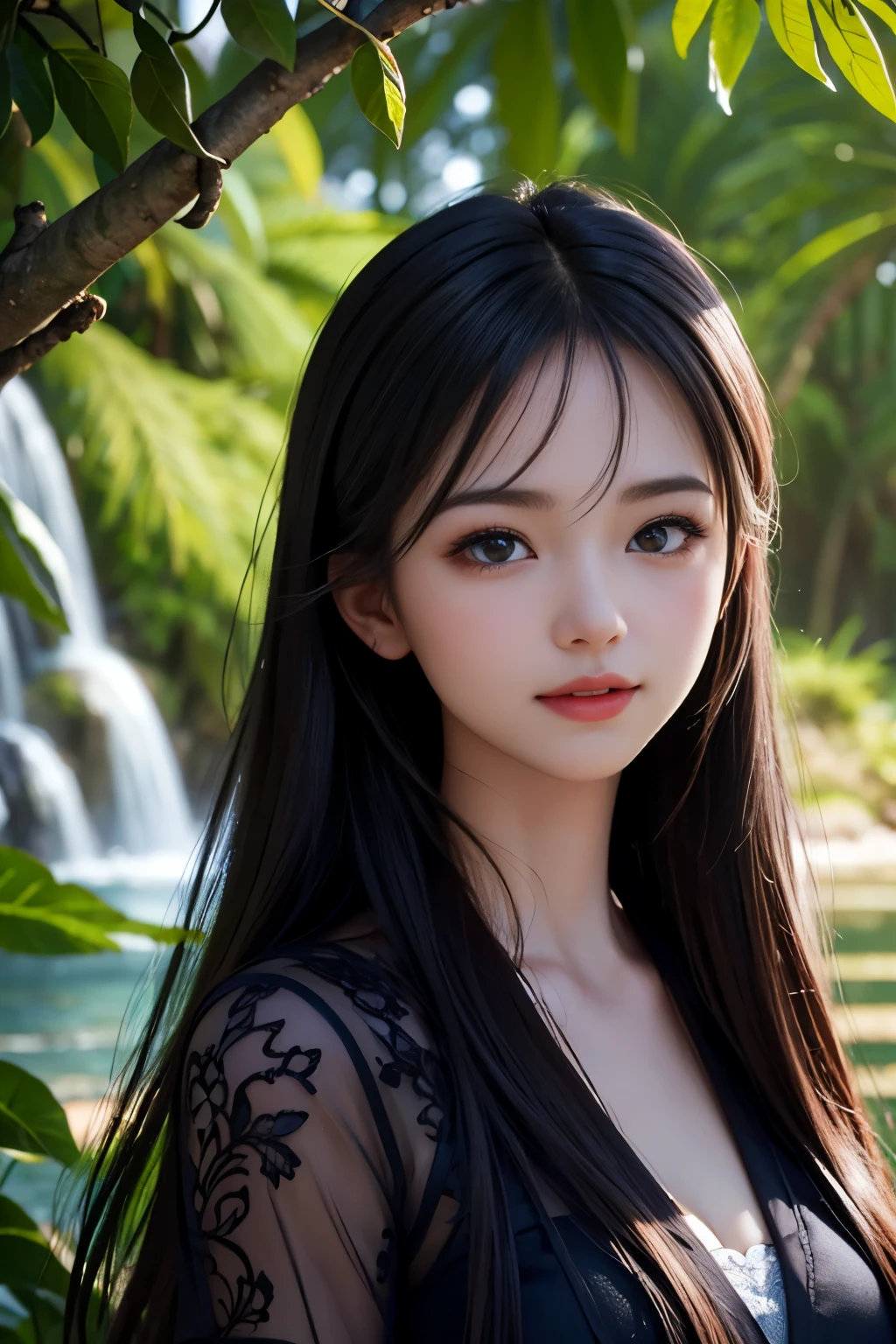 (ultra realistic) , (illustration), (increase resolution), (8K), (extremely detailed), (best illustration), (beautiful detailed eyes), (best quality), (ultra-detailed), (masterpiece), (wallpaper), (detailed face), 1 girl, black straight hair, slender body, delicate details, in the dark, deep shadow, low key, pureerosfaceace_v1, happy smile, summer dress, waterfall, rainforest