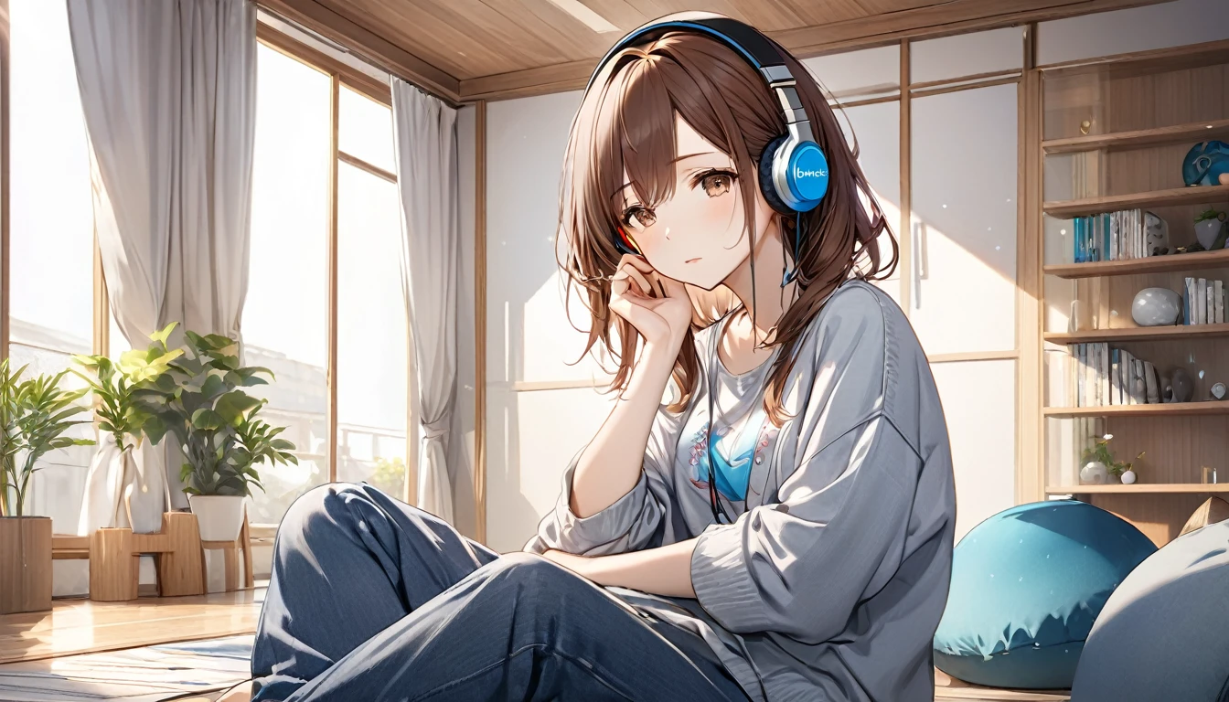 Brown-haired girl wearing headphones、Silence of the Mind - Very detailed、masterpiece, Highest quality, Bright - with a quiet room in the background、Meditative facial expressions、Casual clothing、Relax and sit
(Detailed fingers), (Emotional), (Breathtakingly beautiful), (main part:1.2 Whole body), (Anime Style), (Very detailed), (超High resolution, High resolution), (8k), (Complex and beautiful: 1.2)