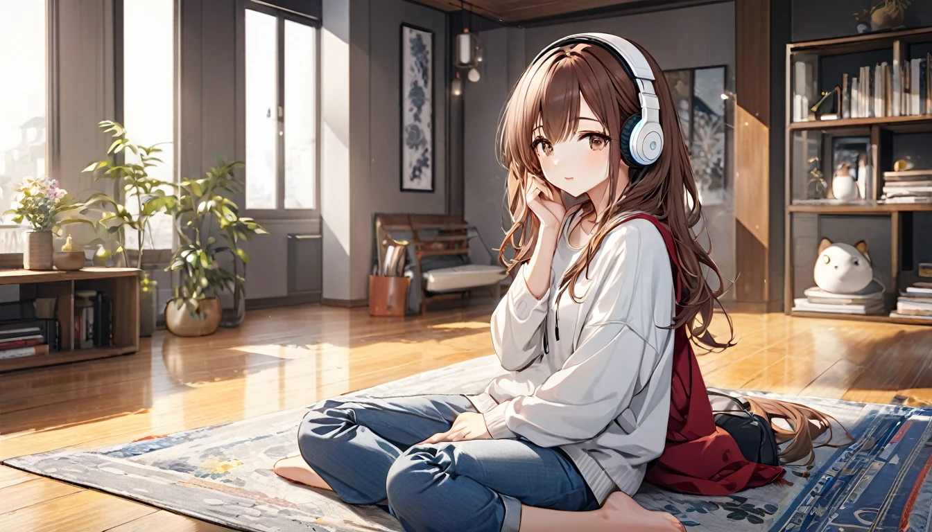 Brown-haired girl wearing headphones、Silence of the Mind - Very detailed、masterpiece, Highest quality, Bright - with a quiet room in the background、Meditative facial expressions、Casual clothing、Relax and sit
(Detailed fingers), (Emotional), (Breathtakingly beautiful), (main part:1.2 Whole body), (Anime Style), (Very detailed), (超High resolution, High resolution), (8k), (Complex and beautiful: 1.2)
