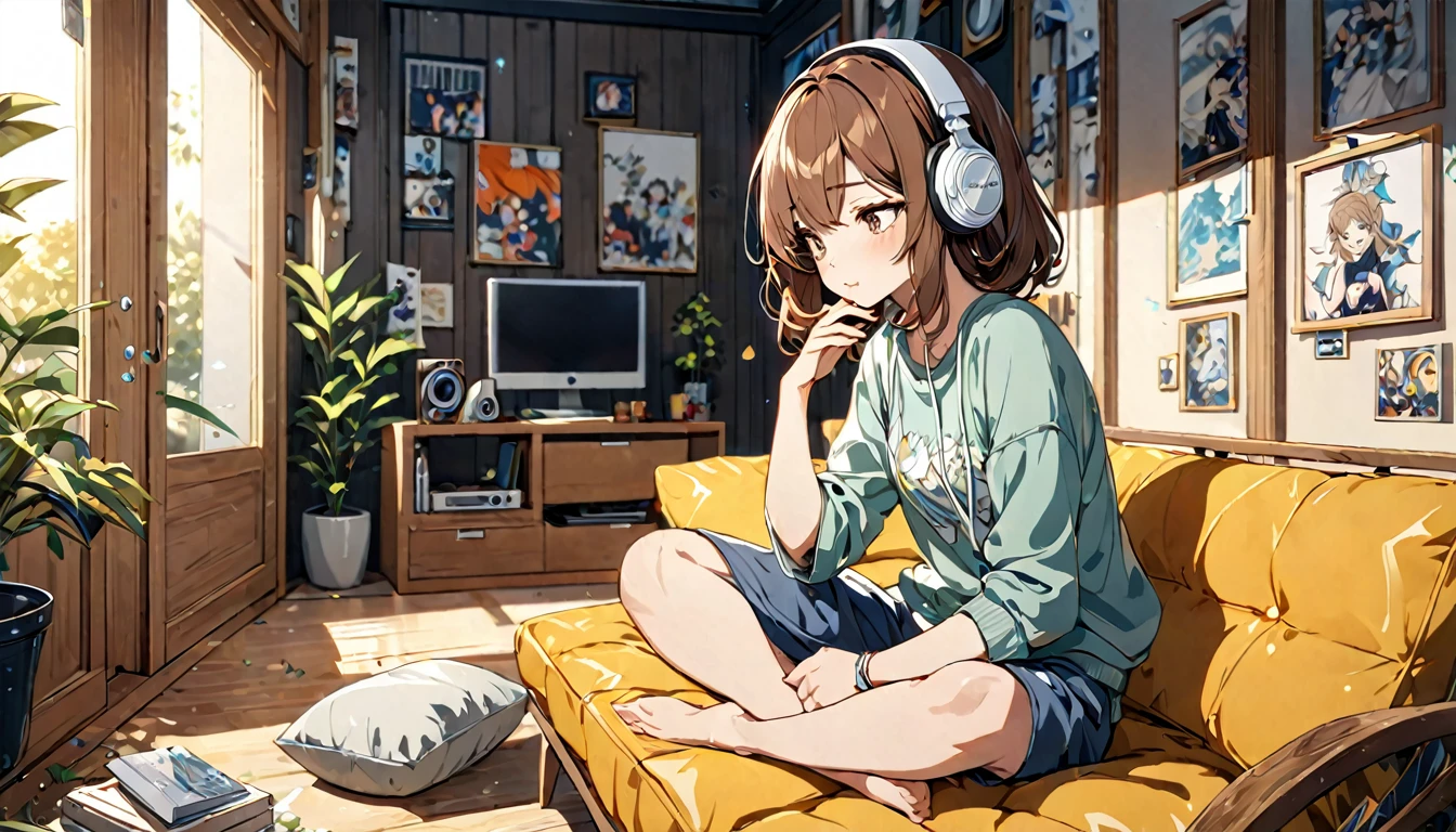 Brown-haired girl wearing headphones、Silence of the Mind - Very detailed、masterpiece, Highest quality, Bright - with a quiet room in the background、Meditative facial expressions、Casual clothing、Relax and sit
(Detailed fingers), (Emotional), (Breathtakingly beautiful), (main part:1.2 Whole body), (Anime Style), (Very detailed), (超High resolution, High resolution), (8k), (Complex and beautiful: 1.2)