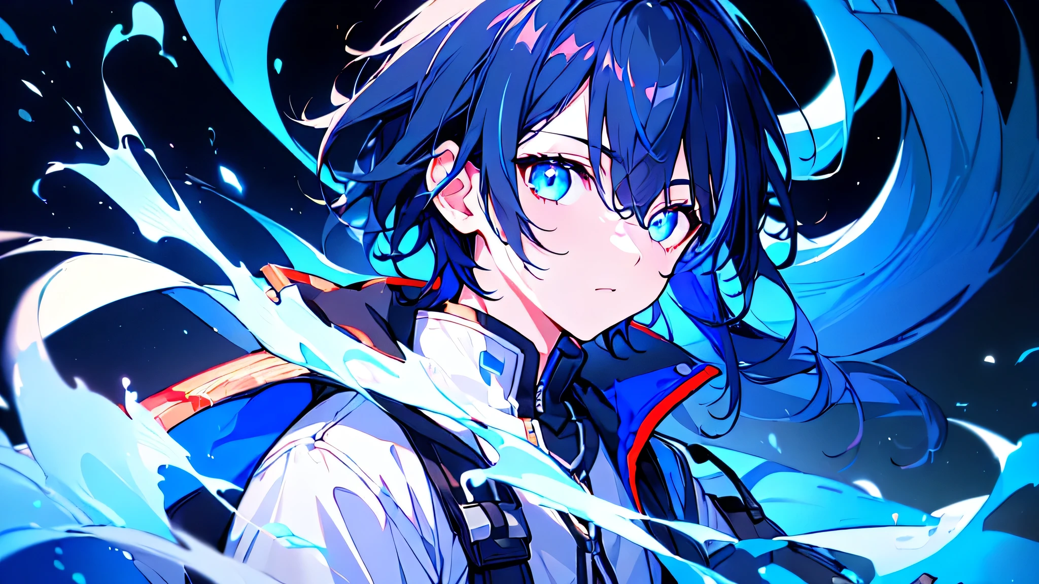 [(BLACK BACKGROUND:1.5),::5], ((((masterpiece)))), high quality, ultra very high resolution, full color, (((solo))), ((little boy)), BLACK hair, ((Blue streaked hair)), (oriental deepblue eyes), anime, ((upper body)), Summer clothes, neon light, black parka,