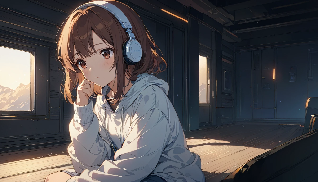 Brown-haired girl wearing headphones、Silence of the Mind - Very detailed、masterpiece, Highest quality, Bright - with a quiet room in the background、Meditative facial expressions、Casual clothing、Relax and sit
(Detailed fingers), (Emotional), (Breathtakingly beautiful), (main part:1.2 Whole body), (Anime Style), (Very detailed), (超High resolution, High resolution), (8k), (Complex and beautiful: 1.2)
