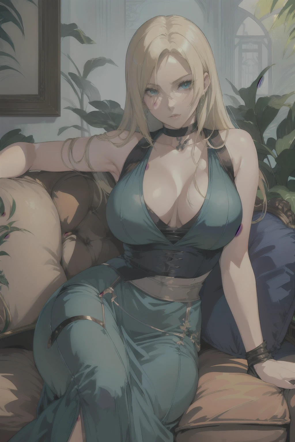 Blonde woman in blue dress sitting on a sofa with a plant, Tsunade from Naruto, beautiful alluring Anime woman, Seductive anime girl, Tifa Lockhart with white hair, Female anime character, HD artwork, Anime woman, Tifa Lockhart, Annie Leonhart, portrait of Tifa Lockhart, beautiful Anime woman, Android 18, Tifa Lockhart portrait