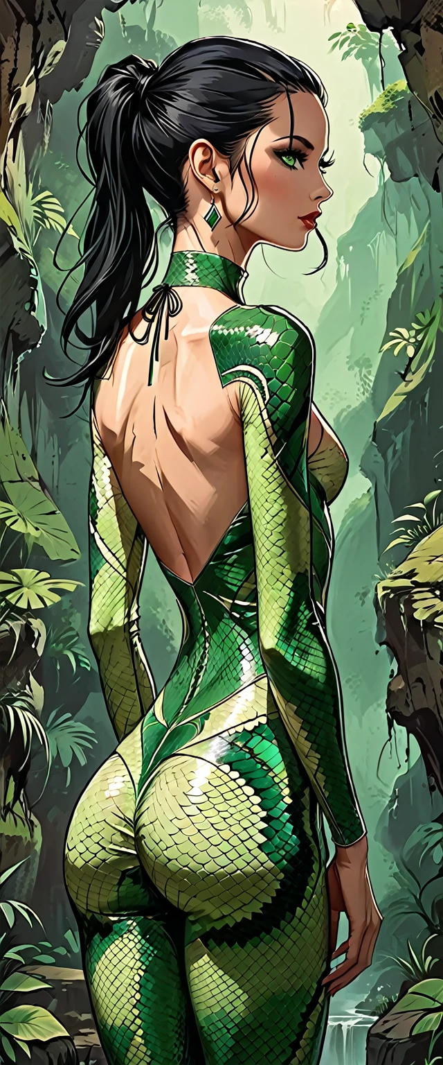 portrait of a girl from the back at the entrance to the cave, 
girl in a green snake suit, back view, Young adult, European, Ectomorph elongated body, slim body, skinny, perfect white skin, Profile Angle, Long slim neck, Long Diamond type Face, bare broad shoulders, Sagittal Plane Curves, blades shoulders, spinal line, long slim thin arms, long fingers on the hand, well trained back, Square Jawline, Hawk long Nose, Heart Shaped nude Lips, Angular Narrow Cheekbone, Hollow Cheek, Upturned Eye type, (dark green eye), Long Sleek Straight Ponytail Slicked back black Hair, Attached Pointed ear, shoulder blades, narrow hips, fitness round ass, toned round butt, long slim fitness legs, back dimples,  