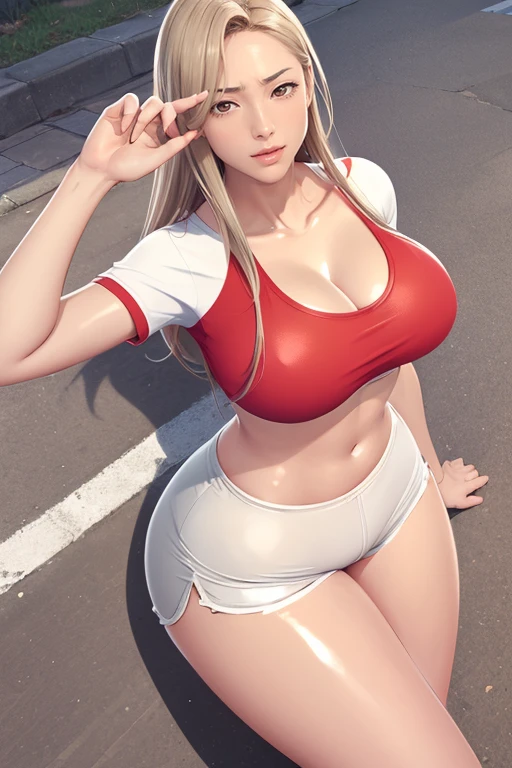 （（（Perfect figure，figure，solo， White skin，（（（cyberpunk，short sleeves,  dolphin shorts, red t-shirt, pink shorts, red shirt, , ））），（（（MiaChadef, long hair, Long Straight blonde hair, brown eyeasterpiece)), high resolution, ((Best quality at best))，masterpiece，quality，Best quality，（（（ Exquisite facial features，Looking at the audience,There is light in the eyes，(（（Happy））），(smile），（（（Light and shadow，Huge ））），（（（Looking at the camera，out door background，Lying on the ground，Look up at the camera，from above，Overlooking)）））