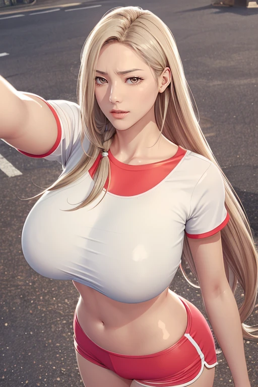 （（（Perfect figure，figure，solo， White skin，（（（cyberpunk，short sleeves,  dolphin shorts, red t-shirt, pink shorts, red shirt, , ））），（（（MiaChadef, long hair, Long Straight blonde hair, brown eyeasterpiece)), high resolution, ((Best quality at best))，masterpiece，quality，Best quality，（（（ Exquisite facial features，Looking at the audience,There is light in the eyes，(（（Happy））），(smile），（（（Light and shadow，Huge breasts））），（（（Looking at the camera，out door background，Lying on the ground，Look up at the camera，from above，Overlooking)）））