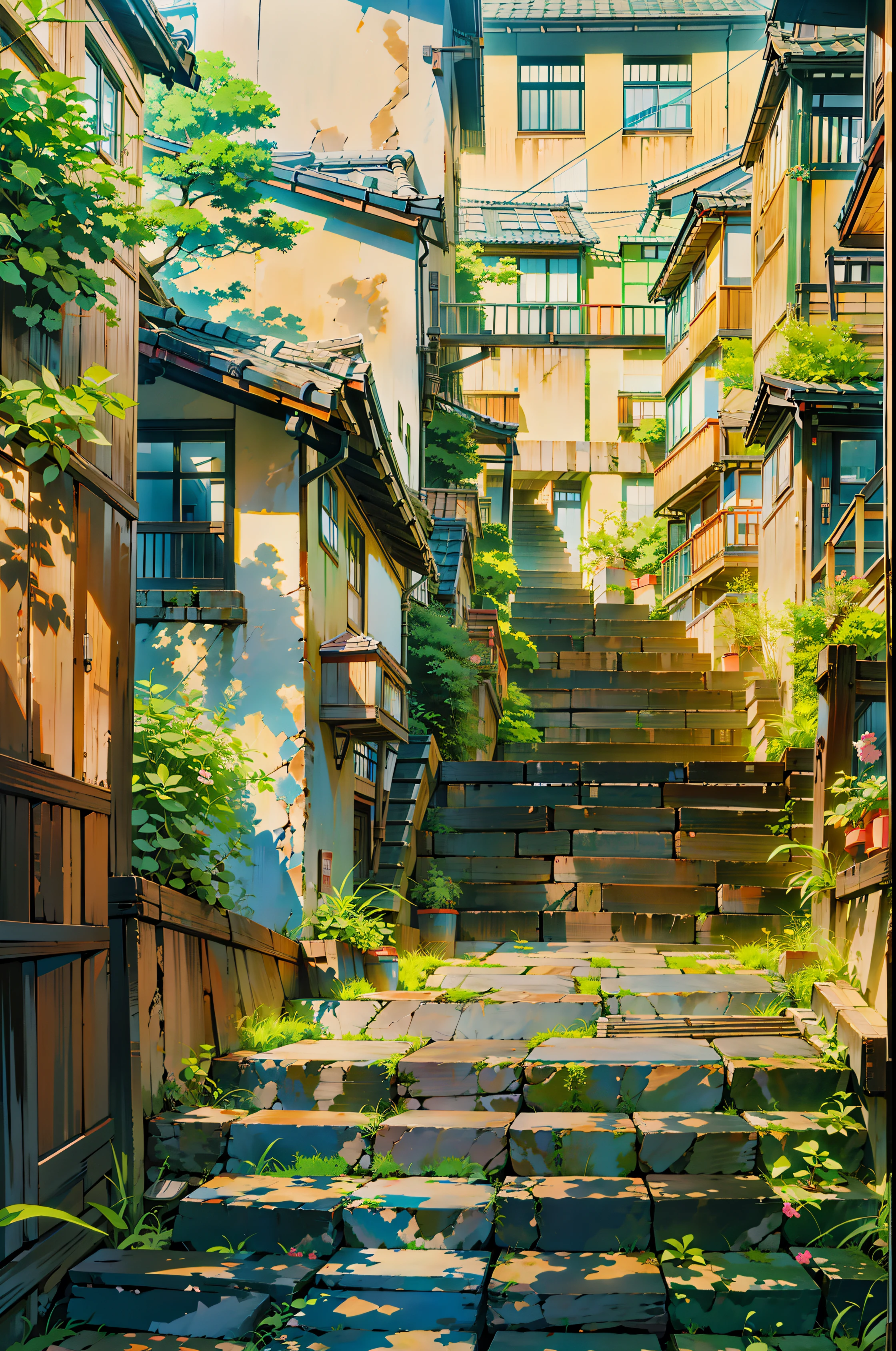 a close up of a narrow alley with a bunch of stairs, Japanese neighborhood, japanese street, japanese city, japanese rural town, Tokyo - city style, tokyo alleyway, narrow, winding and cozy streets, back alley, Rural Japan, green alleys, alleys, japanese village, shady alleys, external staircase, Residential area, alley, in narrow tokyo alleyway
