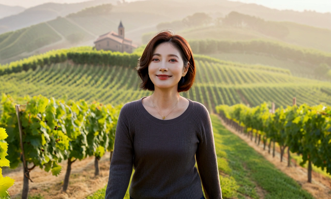 Italy foggy countryside dawn, Endless vineyards, A cathedral can be seen far away in the fog.. Korean woman in her 40s, Wearing a luxury brand slightly thick knit and T-shirt, casual pants, Korean woman with short and medium hair, hair is beautiful. Standing on a path on top of a vineyard hill, Beautiful Korean woman with bright and clear skin, the neck is long and beautiful. Inspired by Yoo Ji-in. Beautiful Korean woman smiling, standing in the vineyard,1 woman, Your eyes are big and pretty, standing on a hill in a vineyard, 1 woman, Clear picture quality, Fair skin and no wrinkles on the neck, The eyes are clear and big, Hair texture is clean and shiny, eyes are big, three dimensional grape leaves, Put your hands in your pockets