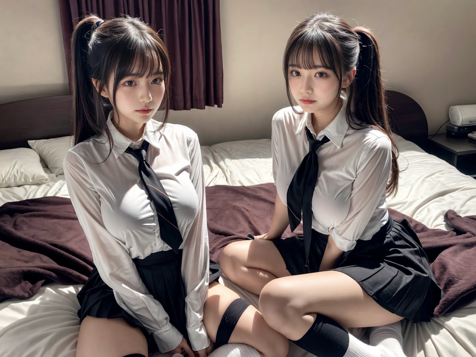 (8K, RAW Photos, Highest quality, masterpiece:1.2), (professional photography, full colors, studio-caliber color grading), (Gravure quality for high-end fashion magazines), (2 girls), BREAK,18 year old girl, (fluffy ponytail:1.2), Big Natural Color Lip, Plumpy body, (smooth skin:1.1), huge breasts, BREAK, (collared shirt:1.1), pleated skirt, knee high socks, BREAK, hotel room, cute , lolita